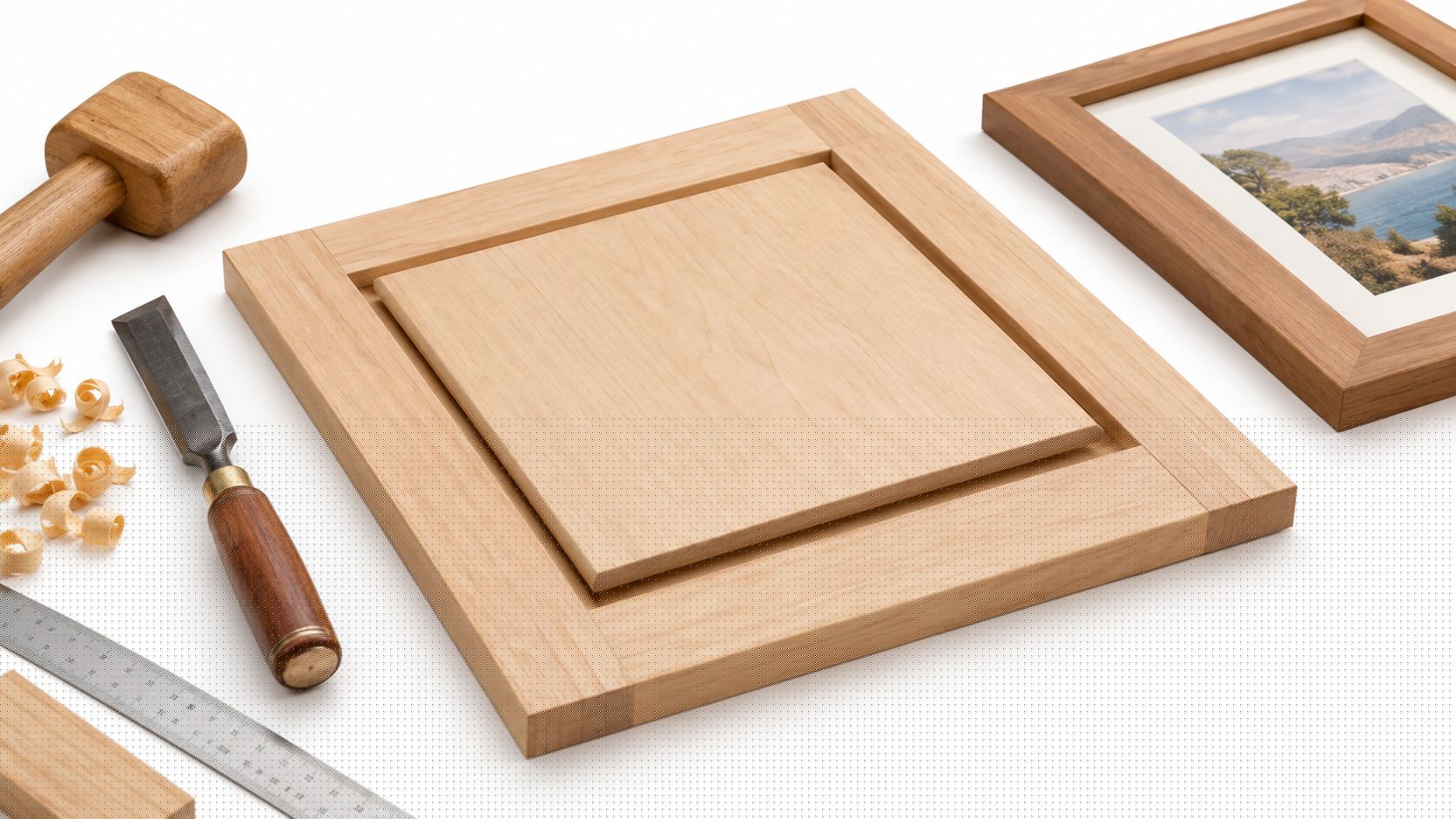 A wooden raised panel cabinet door surrounded by woodworking tools including a chisel, mallet, and metal ruler.