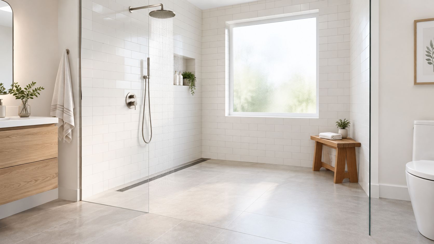 A modern, spacious bathroom featuring a minimalist walk-in shower with light tiles, a wooden bench, and large windows.