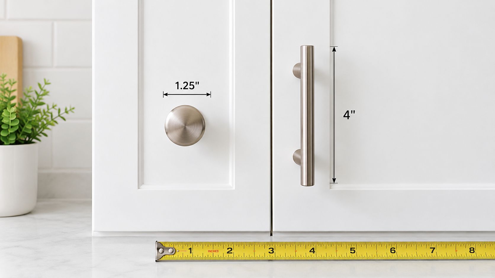 A close-up view of a cabinet knob and pull handle on white kitchen cabinets with measurements.