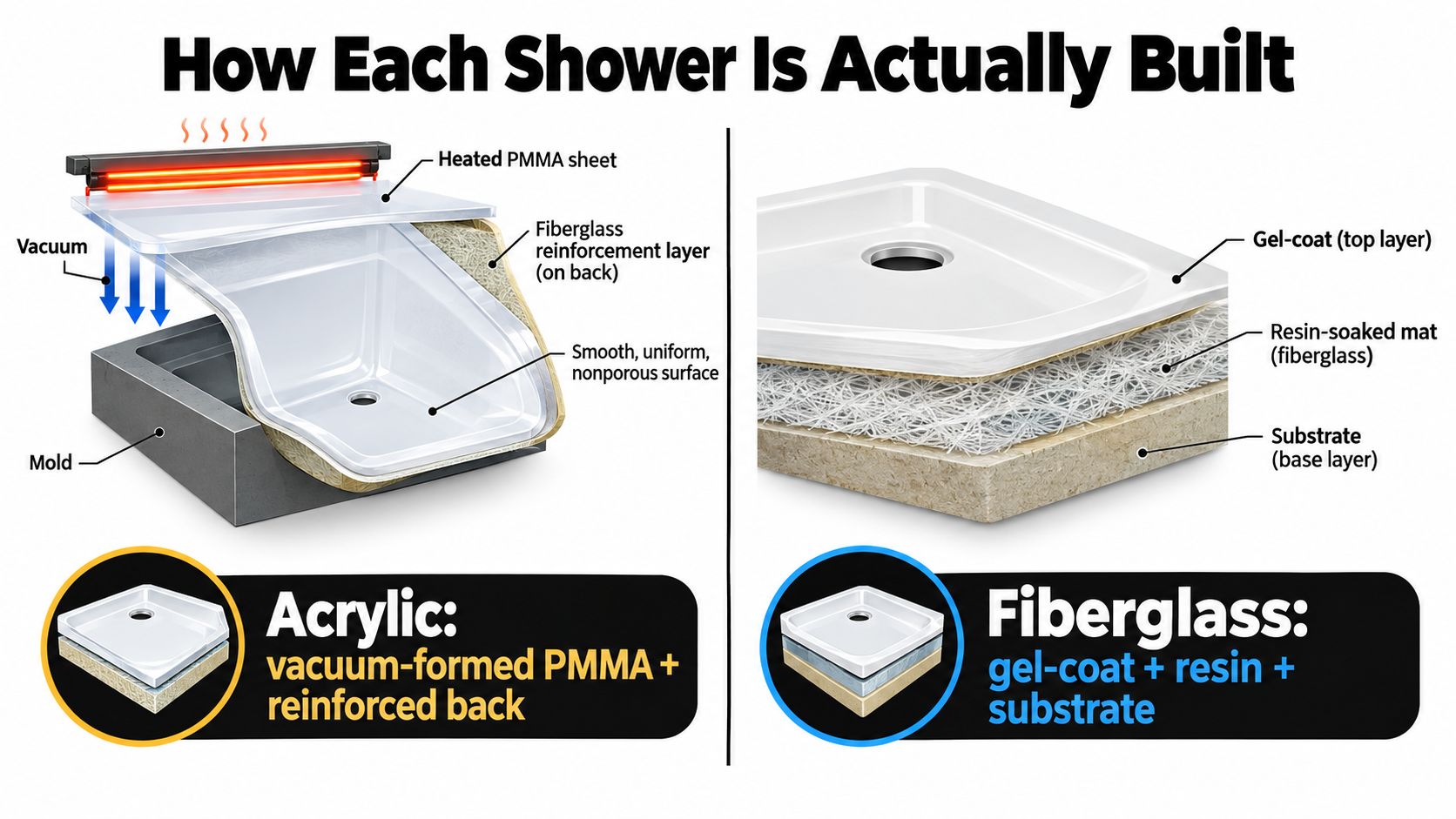 A diagram comparing the manufacturing processes of acrylic versus fiberglass shower bases through cross-section illustrations.