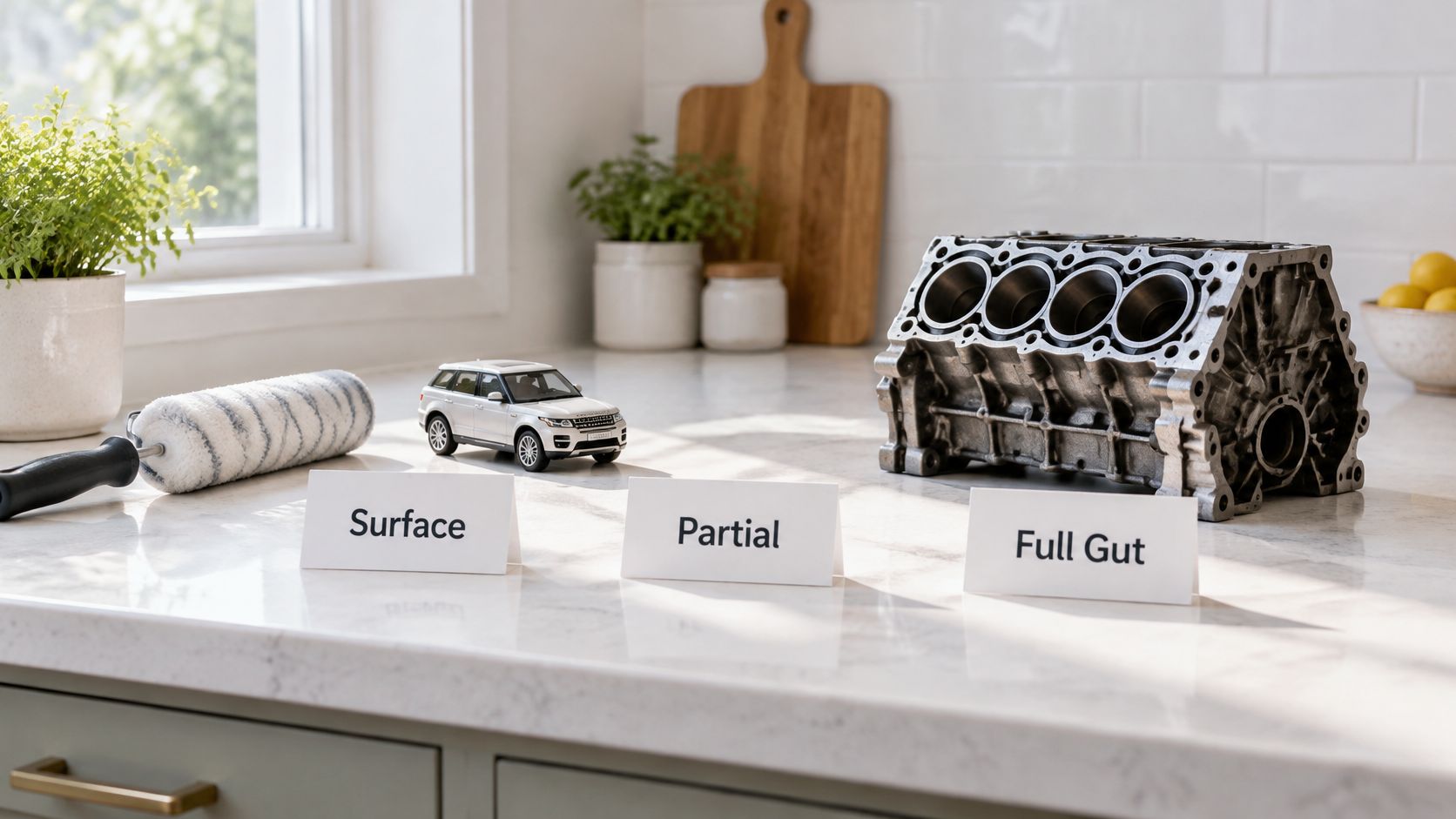 A conceptual display on a kitchen counter featuring paint tools, a toy car, and an engine block.