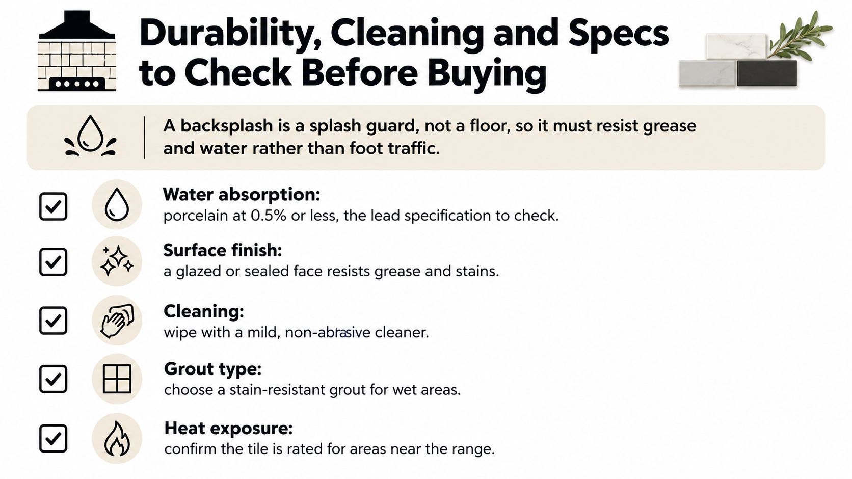 An infographic detailing essential durability, cleaning, and specification considerations for choosing a kitchen tile backsplash.