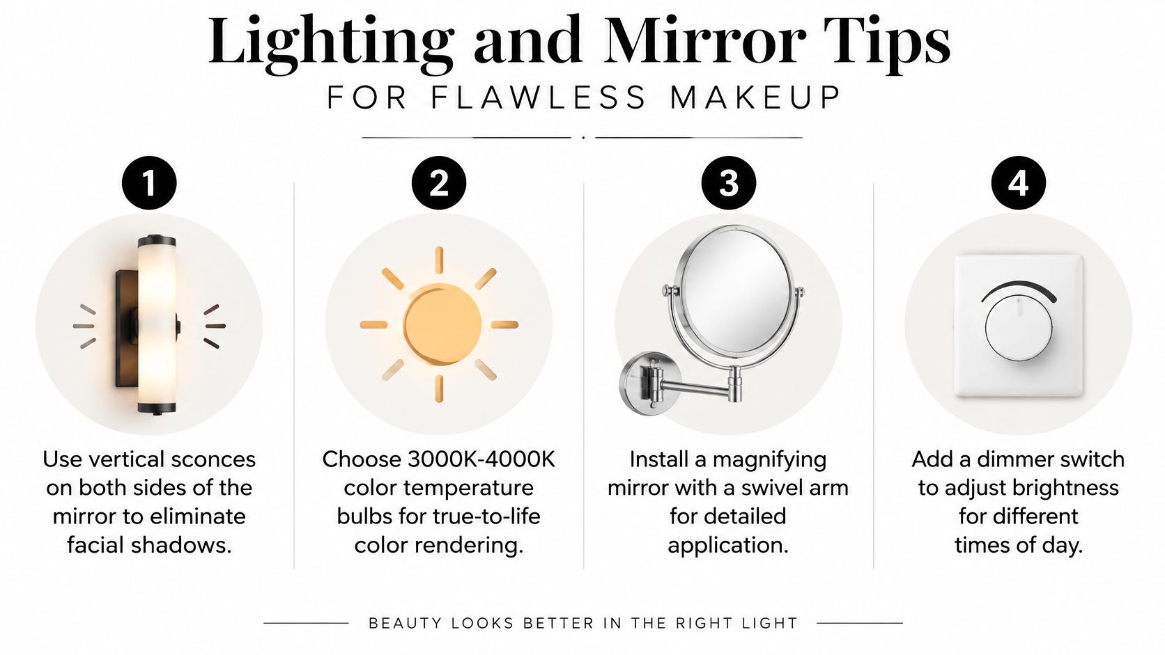 An infographic titled Lighting and Mirror Tips for Flawless Makeup featuring four numbered tips with accompanying illustrations.