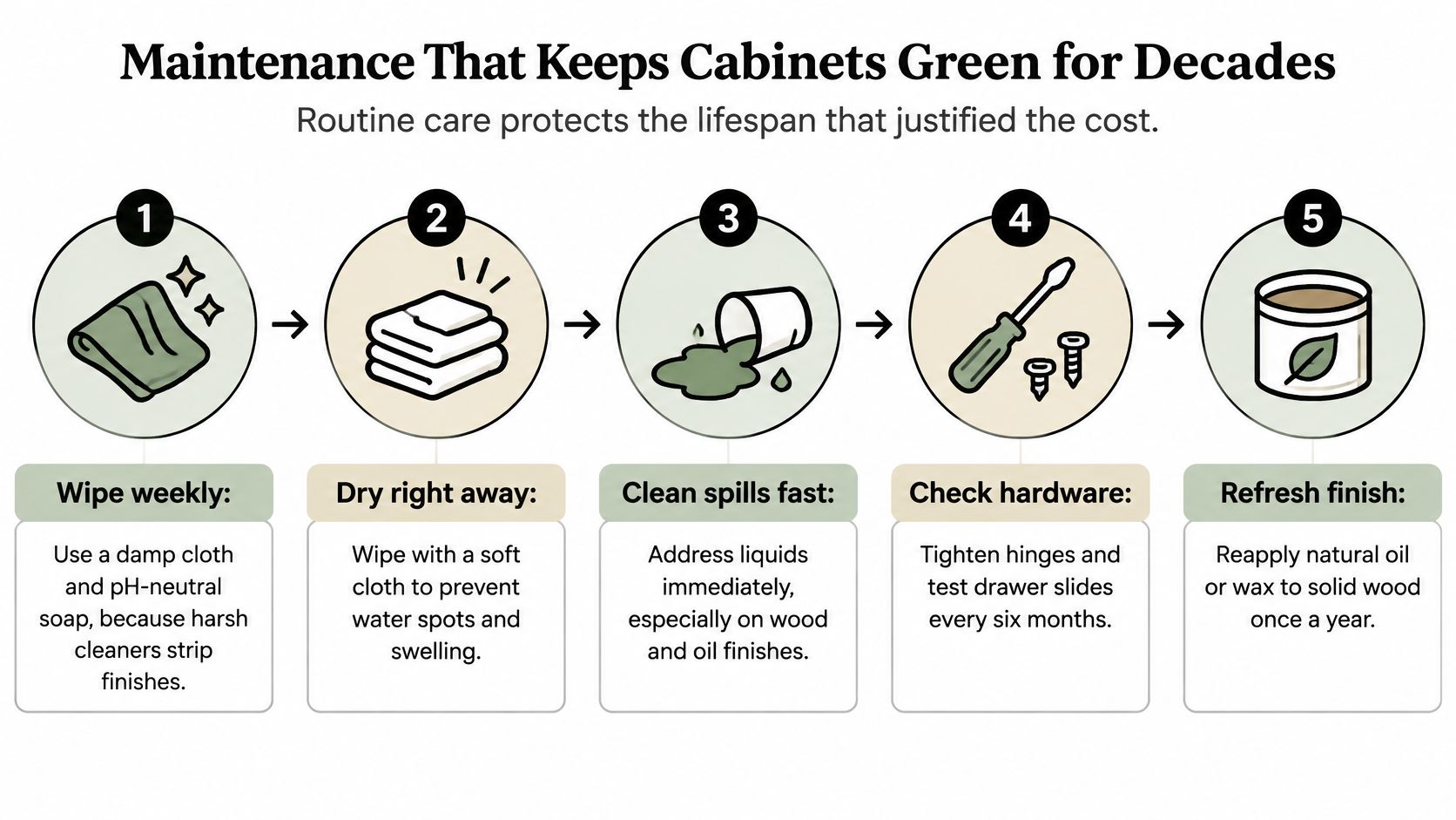 An infographic showing five numbered steps for maintaining eco-friendly cabinets to ensure they last for decades.