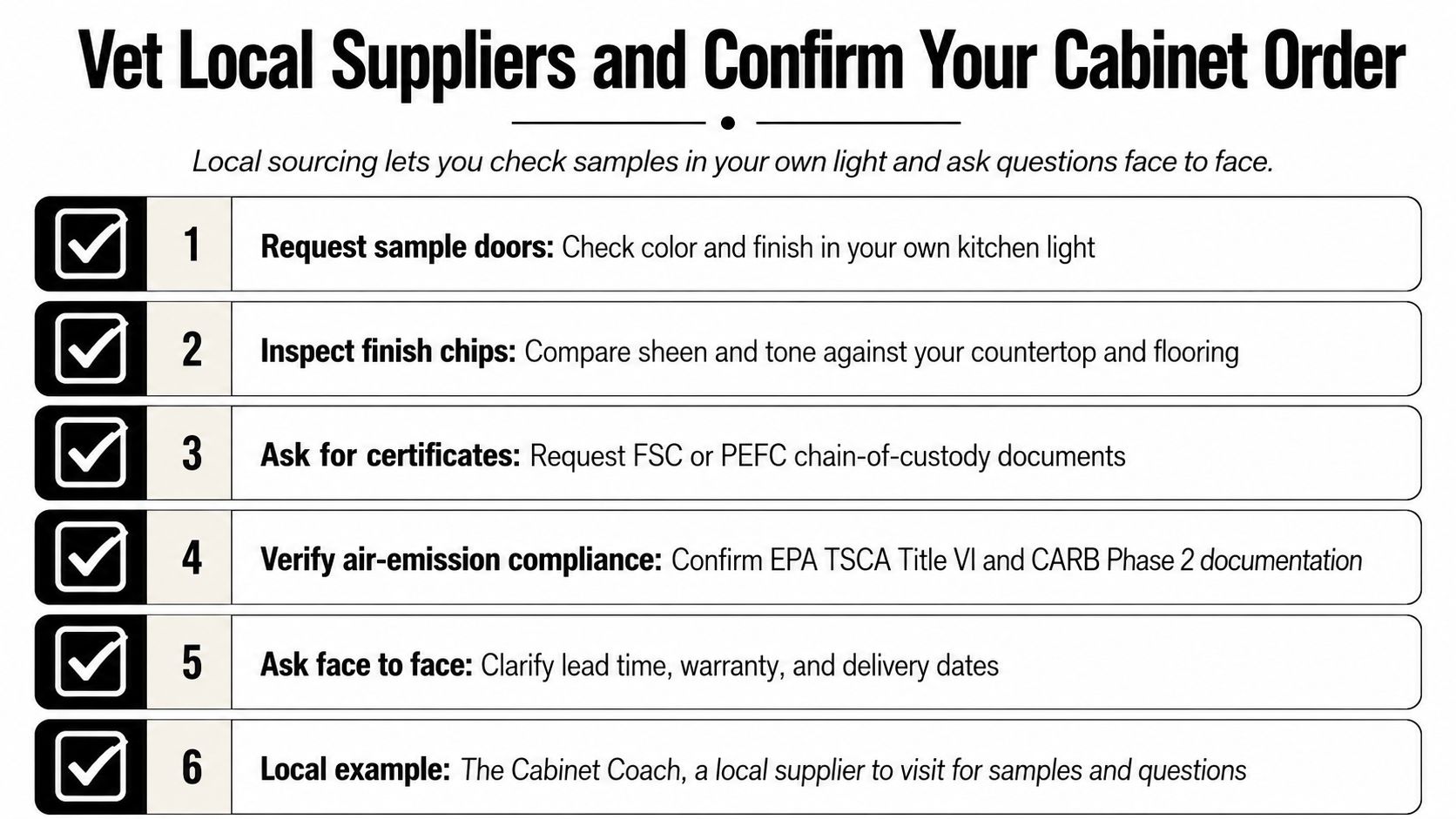 A checklist infographic titled Vet Local Suppliers and Confirm Your Cabinet Order with six numbered steps.