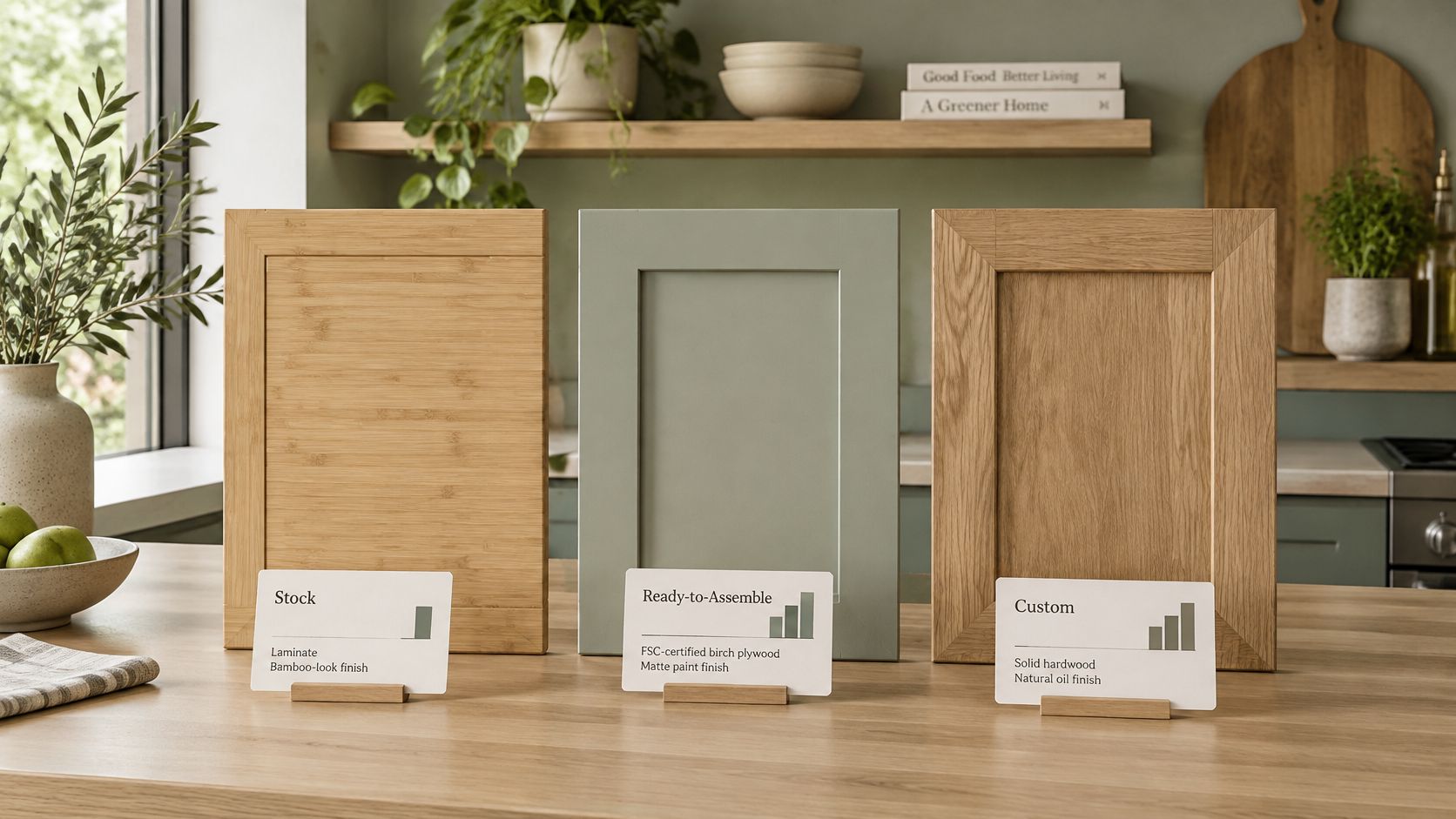 Three kitchen cabinet door samples labeled Stock, Ready-to-Assemble, and Custom display sustainable material options on a wooden countertop.