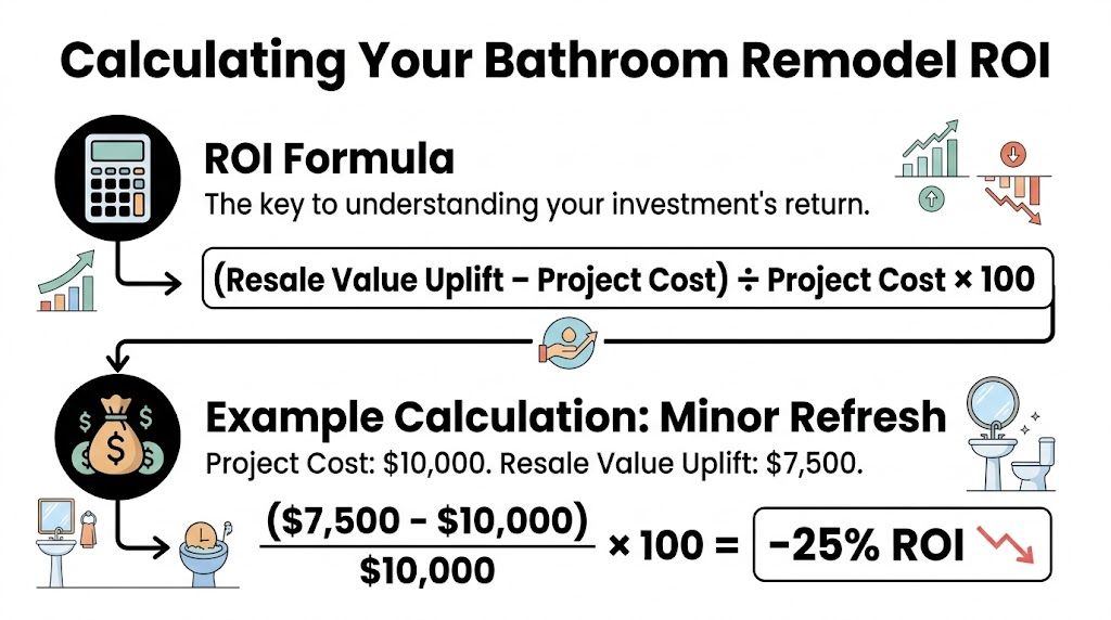 A visual guide explaining how to calculate the return on investment for a bathroom remodeling project.