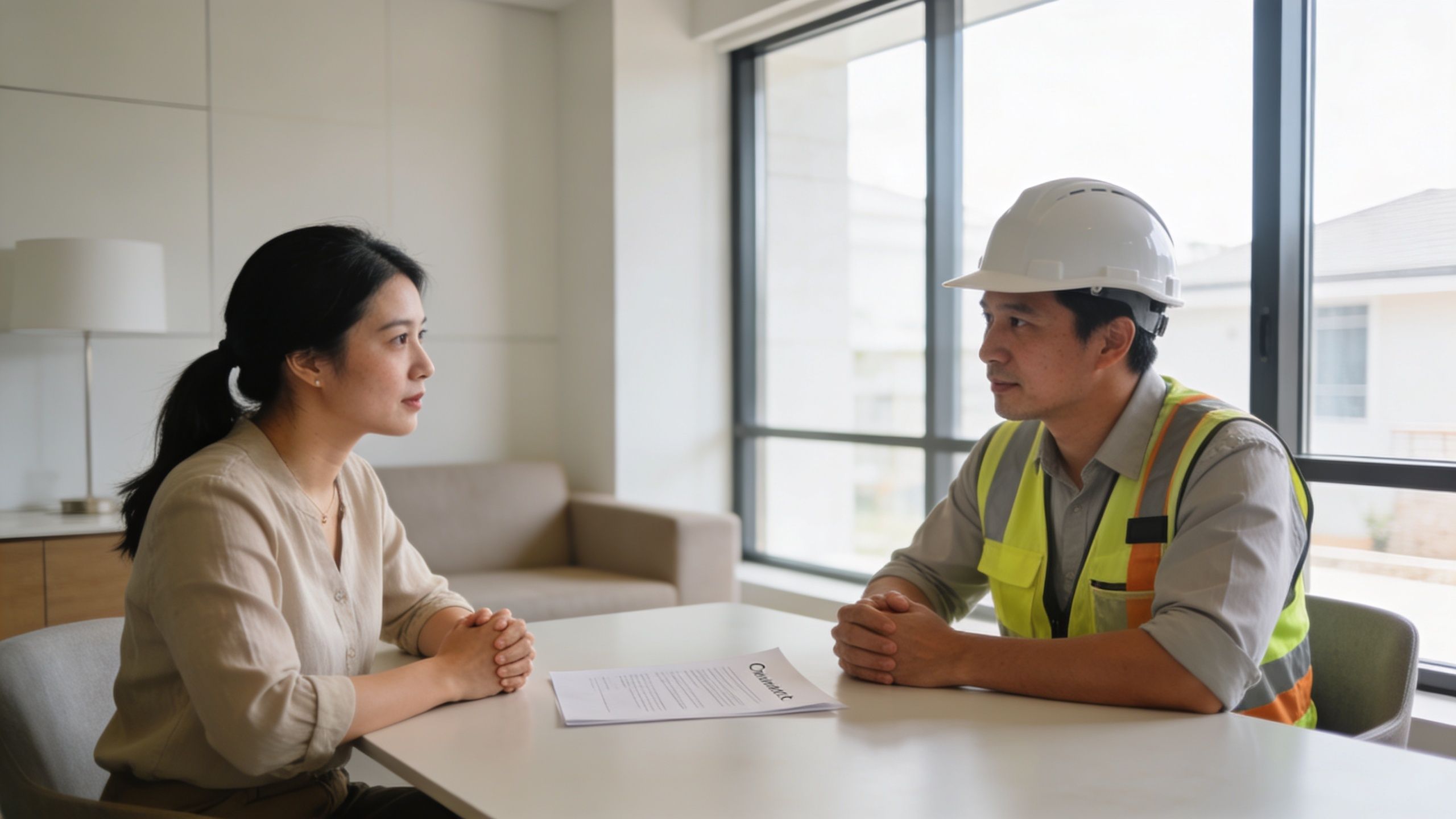 A woman and a construction professional in a hard hat discussing a contract at a table.