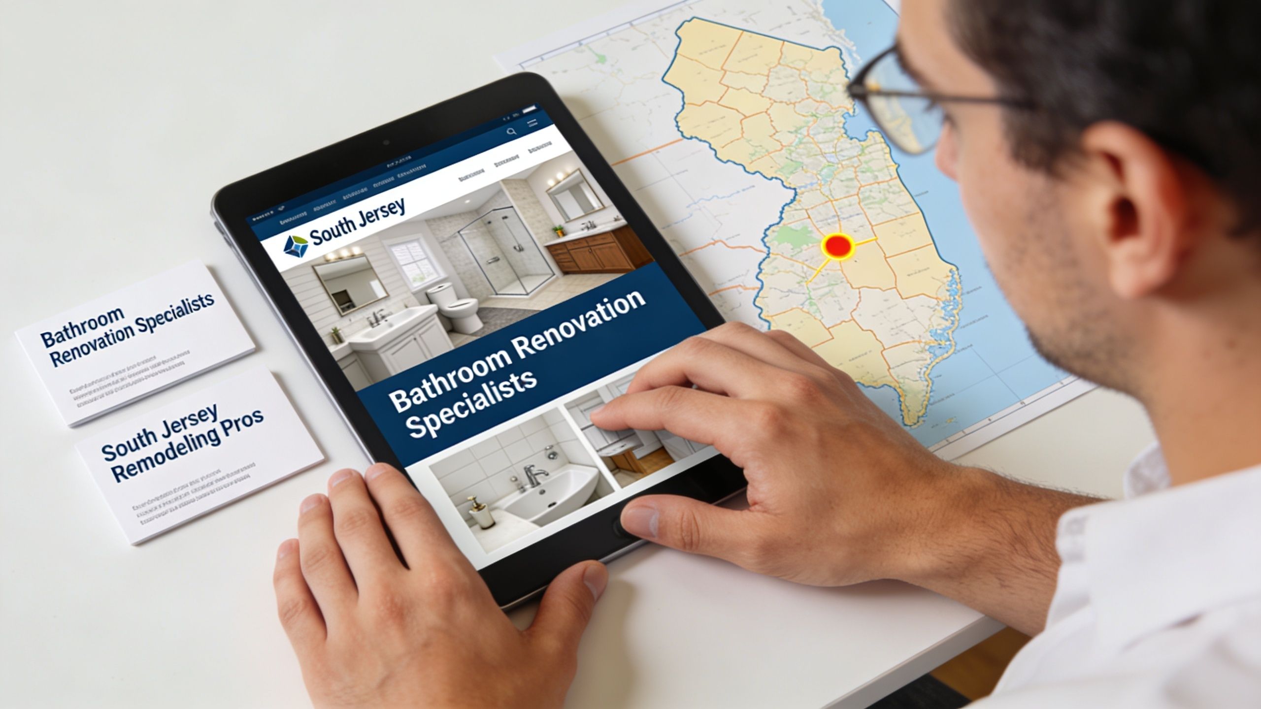 A person browsing a bathroom renovation website on a tablet next to business cards and a map.