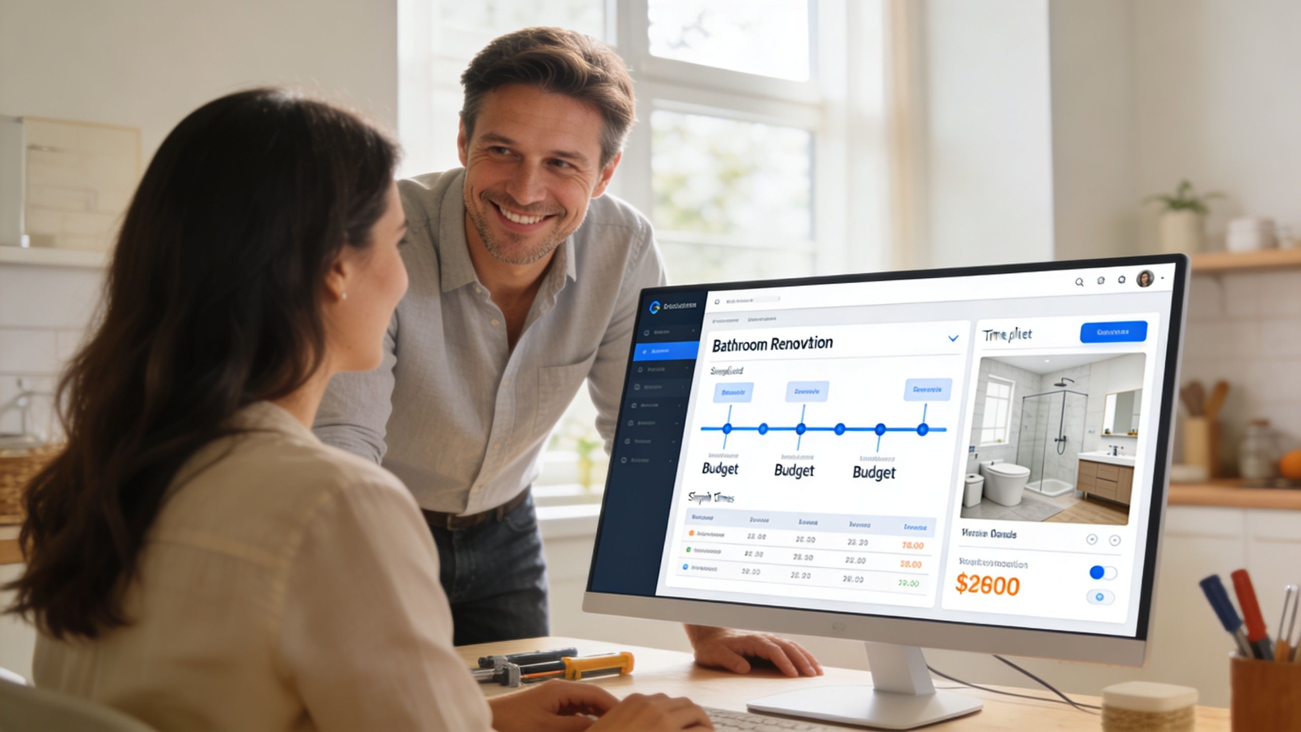 A couple reviews a bathroom renovation project plan and budget on a computer screen at home.