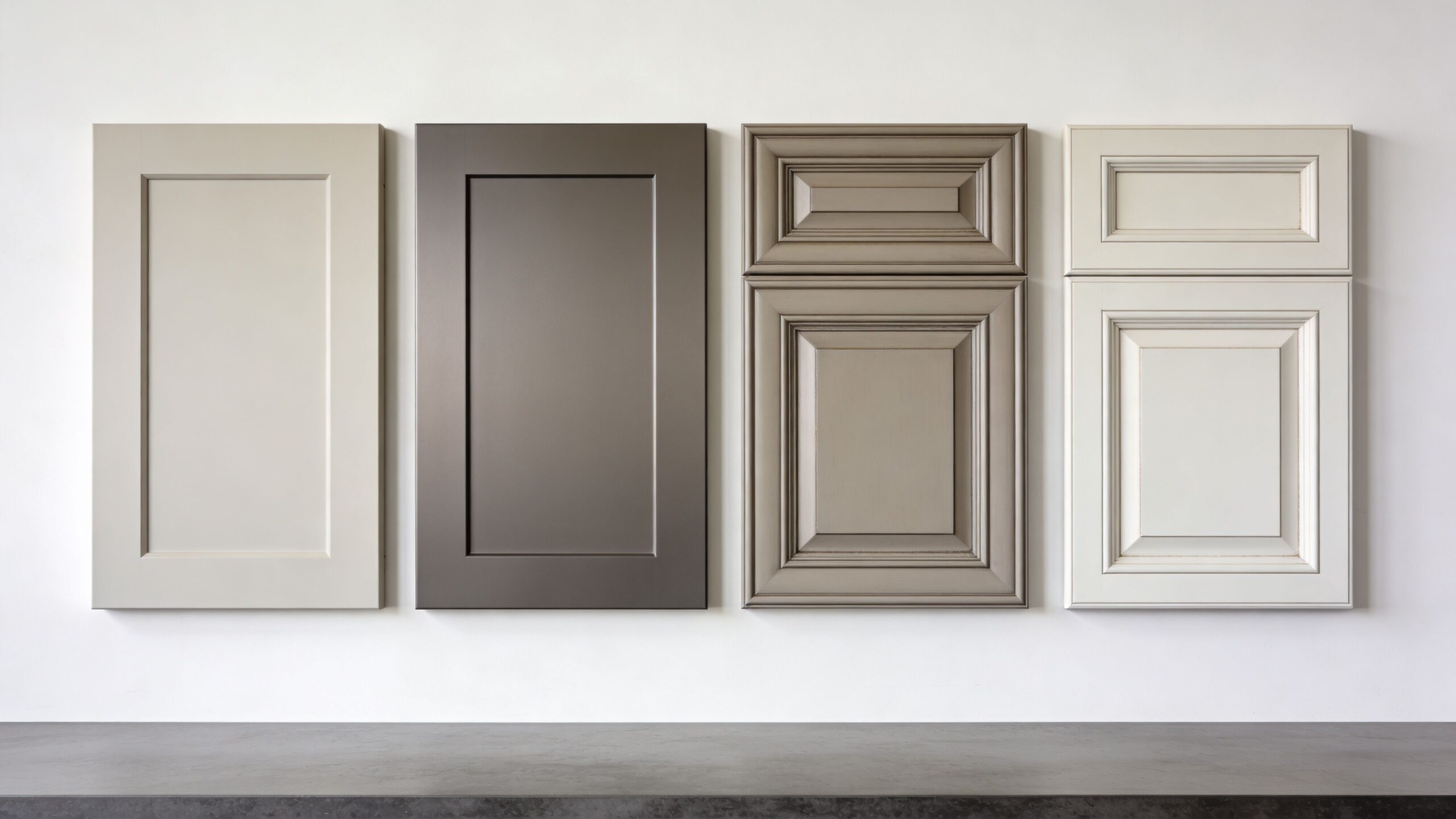 Four distinct cabinet door samples displayed on a wall showing various colors and design styles for renovation.
