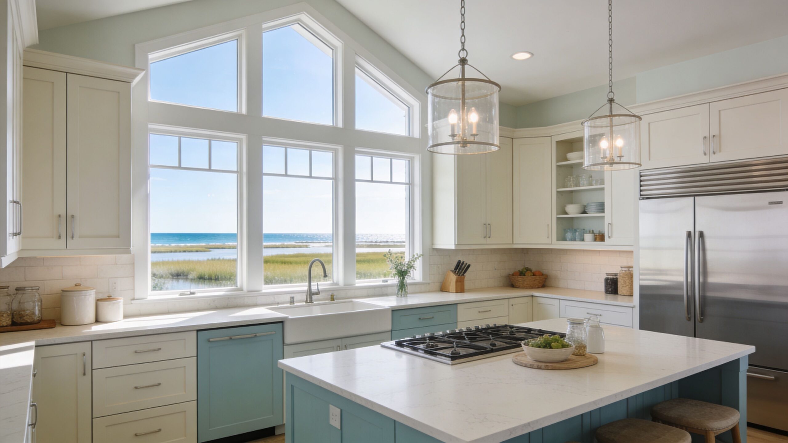 A bright coastal kitchen featuring custom cabinetry, a spacious island, and panoramic views of a scenic marsh.