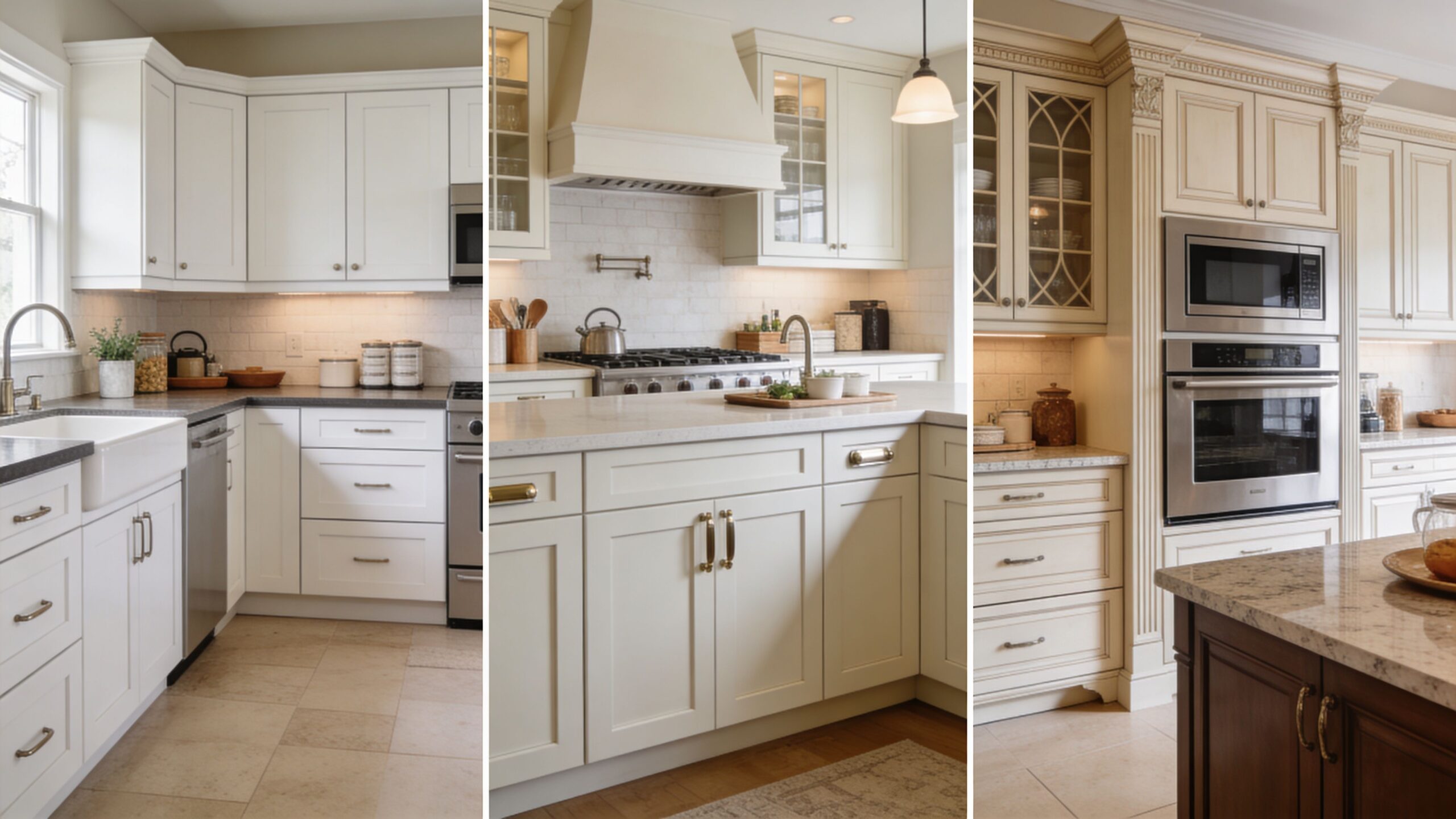 A split image showing three different styles of white kitchen cabinetry in modern and traditional home interiors.
