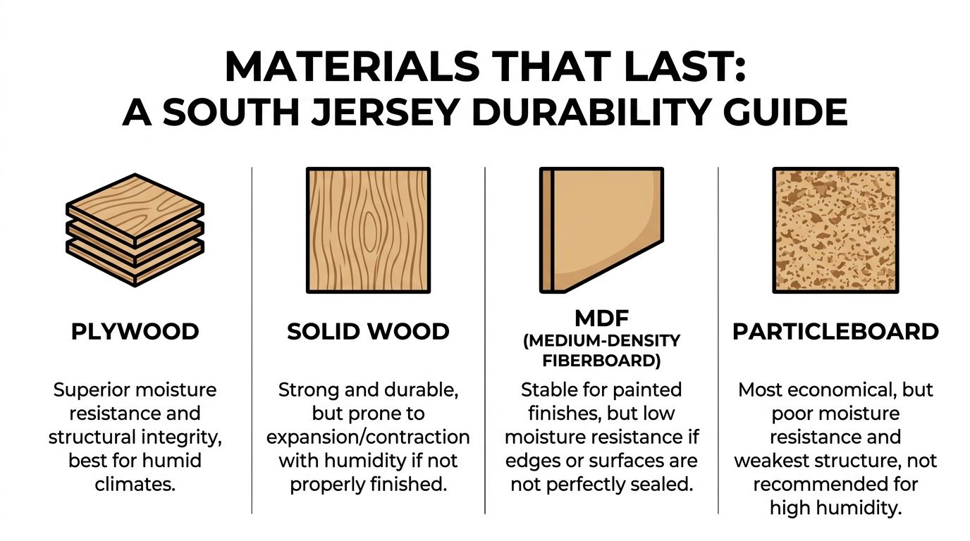 A comparison guide for furniture materials like plywood, solid wood, MDF, and particleboard regarding humidity durability.