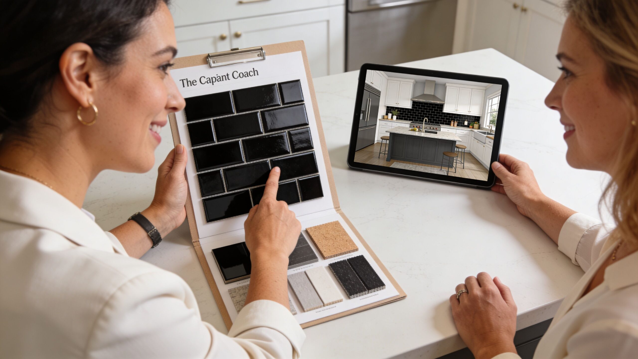 A professional interior designer showing kitchen tile samples to a client on a tablet in a showroom.