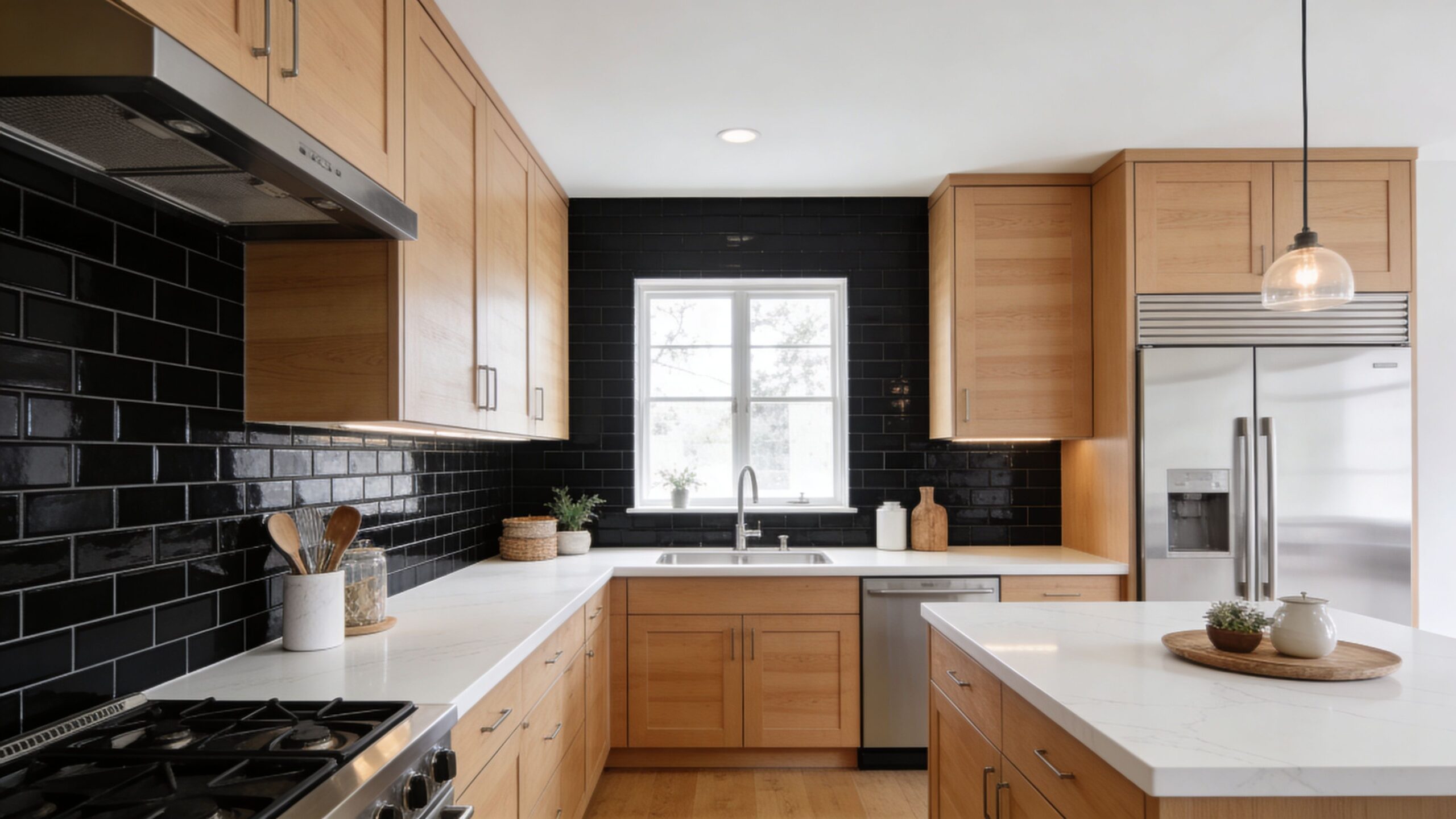 A modern kitchen featuring natural wood cabinets, white countertops, and a striking glossy black subway tile backsplash.
