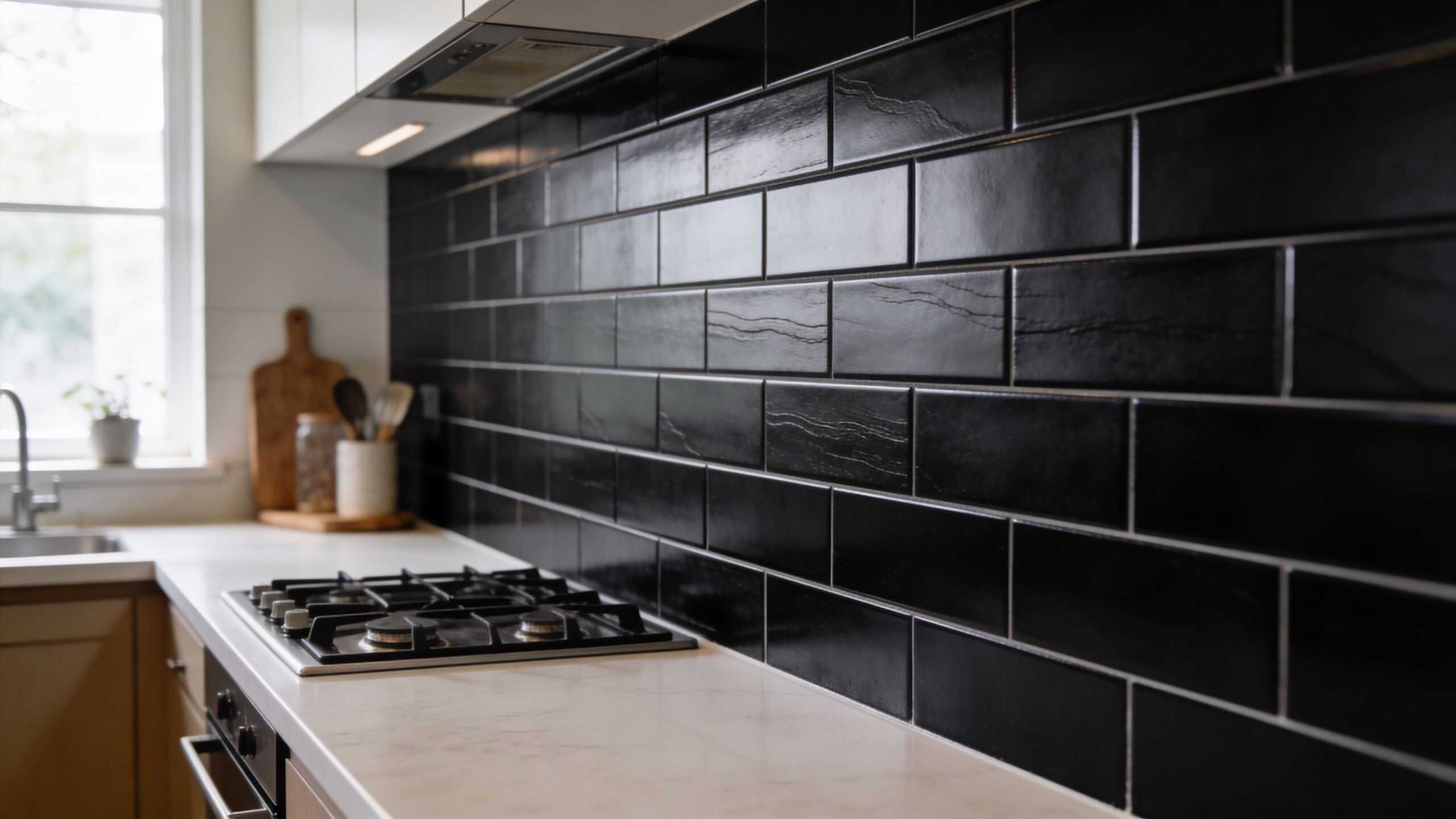 A modern kitchen featuring glossy black subway tiles installed as a sleek backsplash behind a gas stovetop.