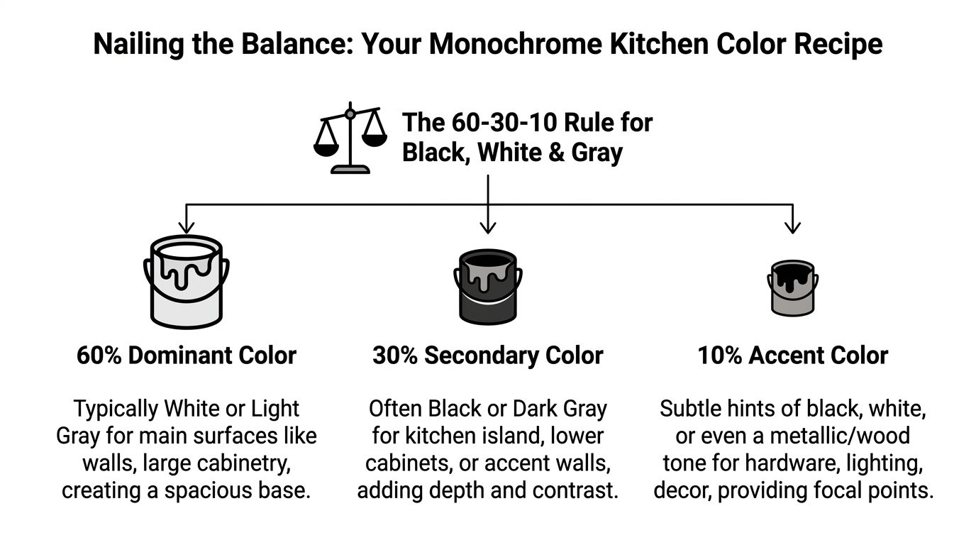 A graphic illustration detailing the 60-30-10 interior design rule for black, white, and gray kitchen color schemes.