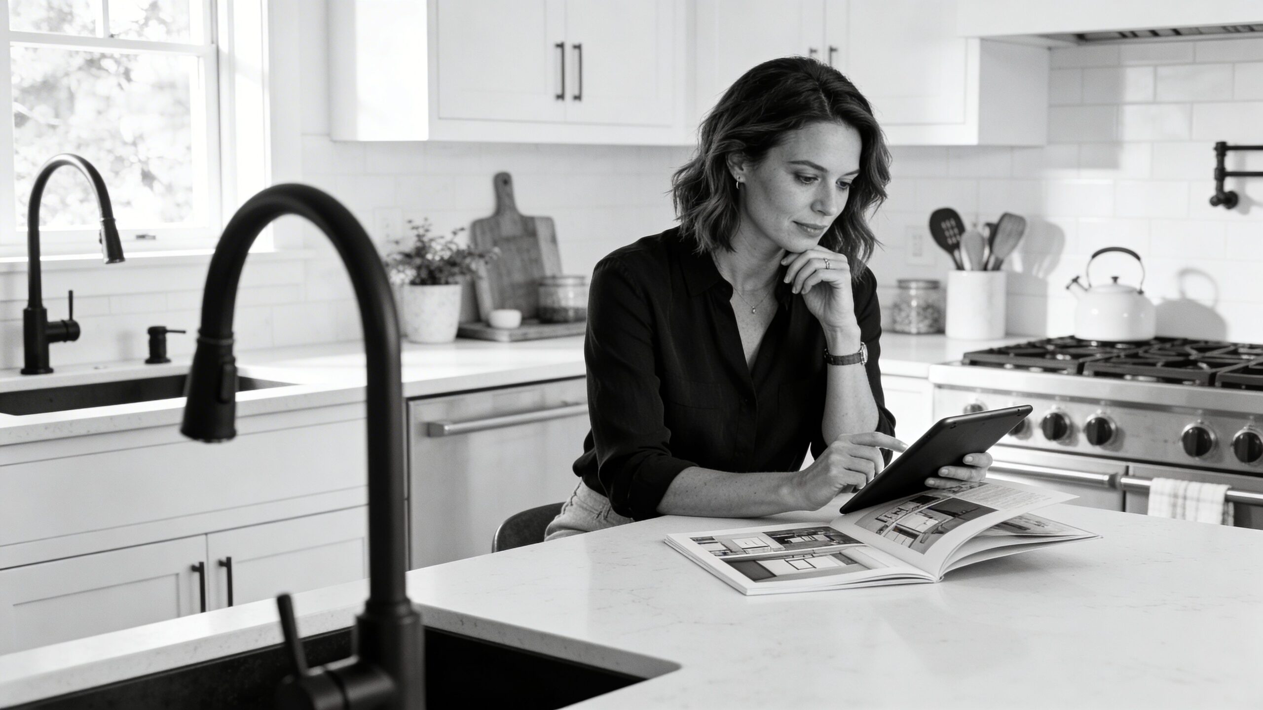 A woman in a dark shirt sitting at a modern white kitchen island using a digital tablet.