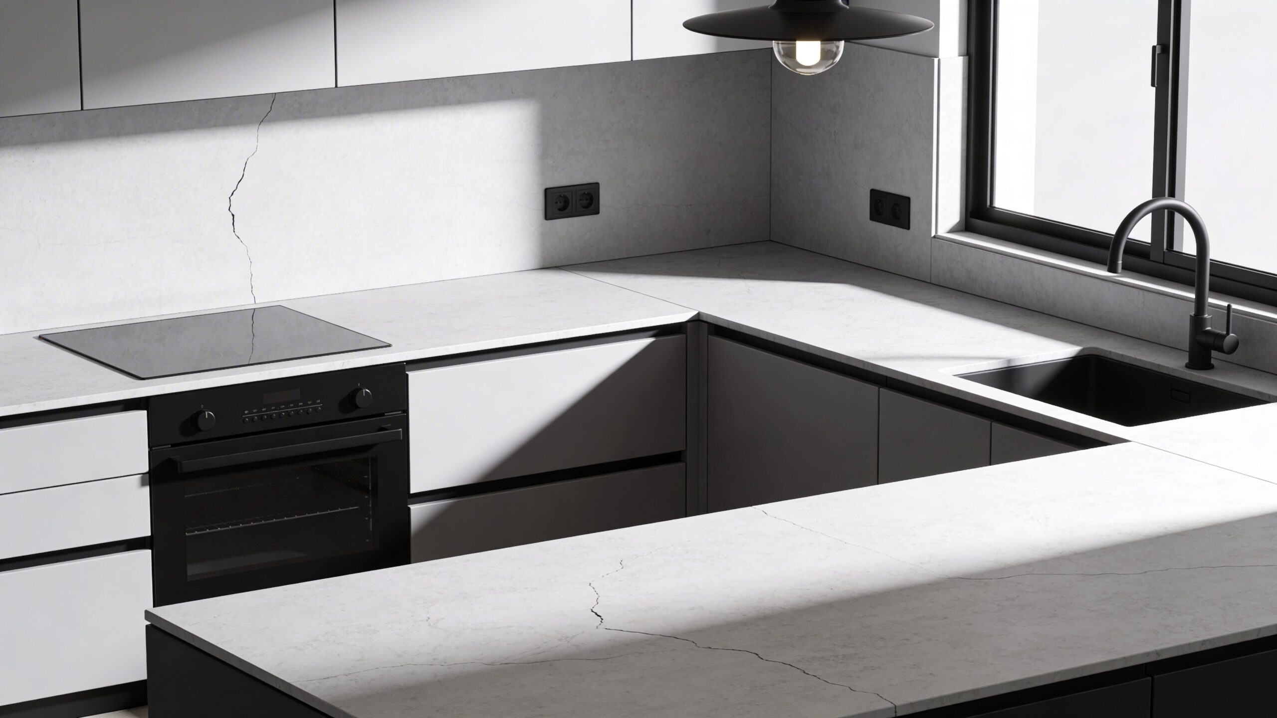 A modern kitchen design featuring clean white marble countertops, sleek matte black appliances, and minimalist cabinetry.