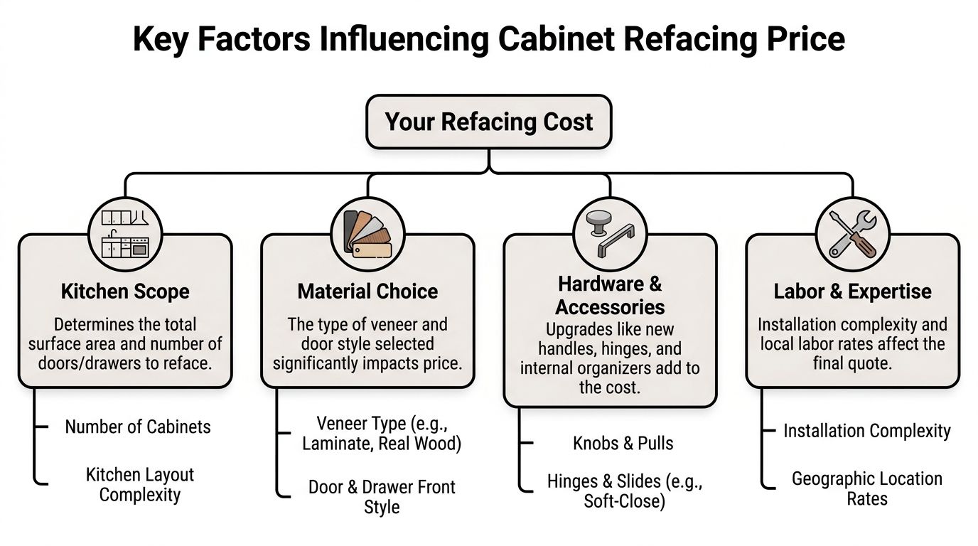 An infographic illustrating the four main factors that influence the total cost of kitchen cabinet refacing.