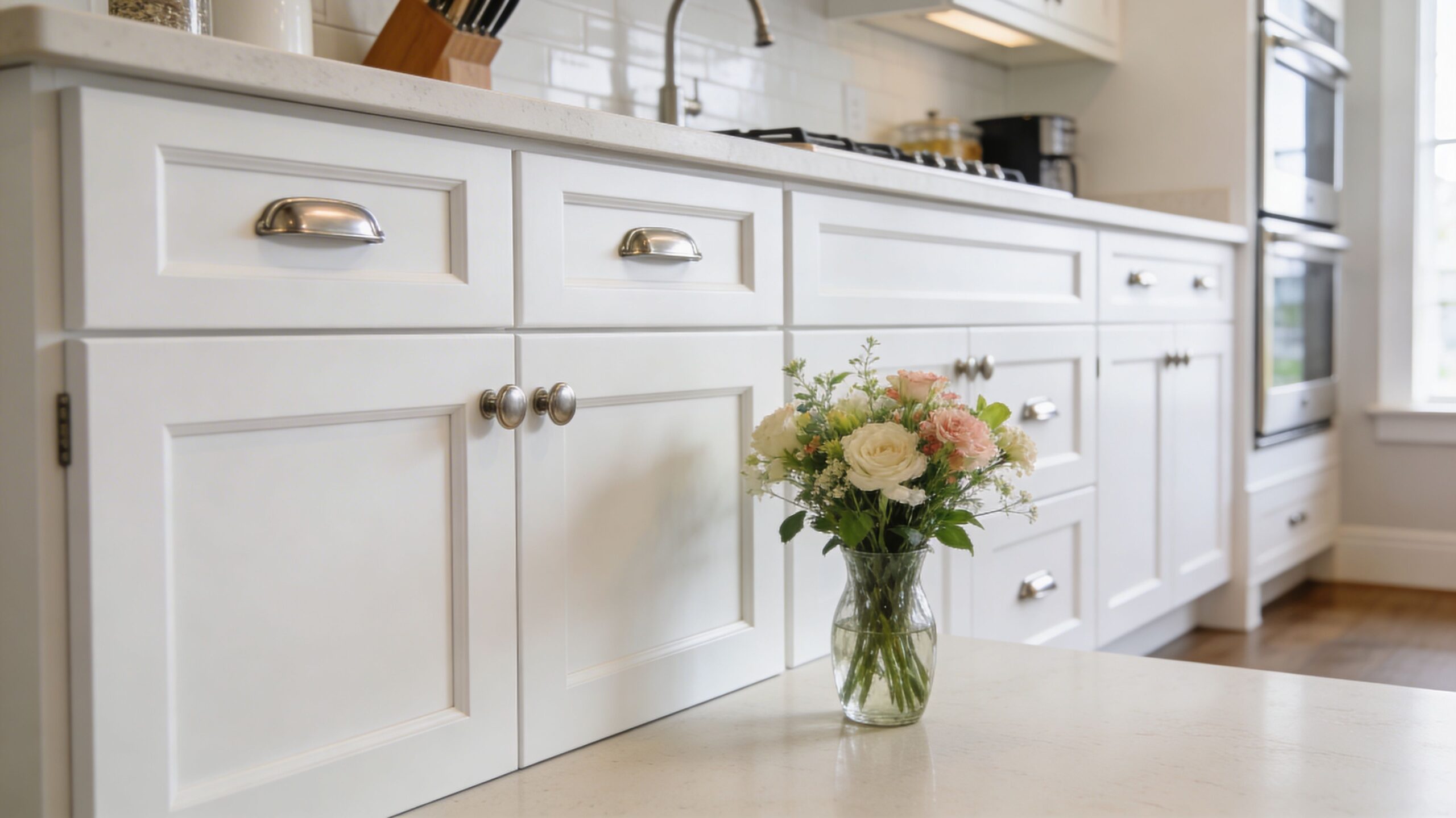 A close-up view of bright white kitchen cabinets featuring elegant hardware and a bouquet of flowers.