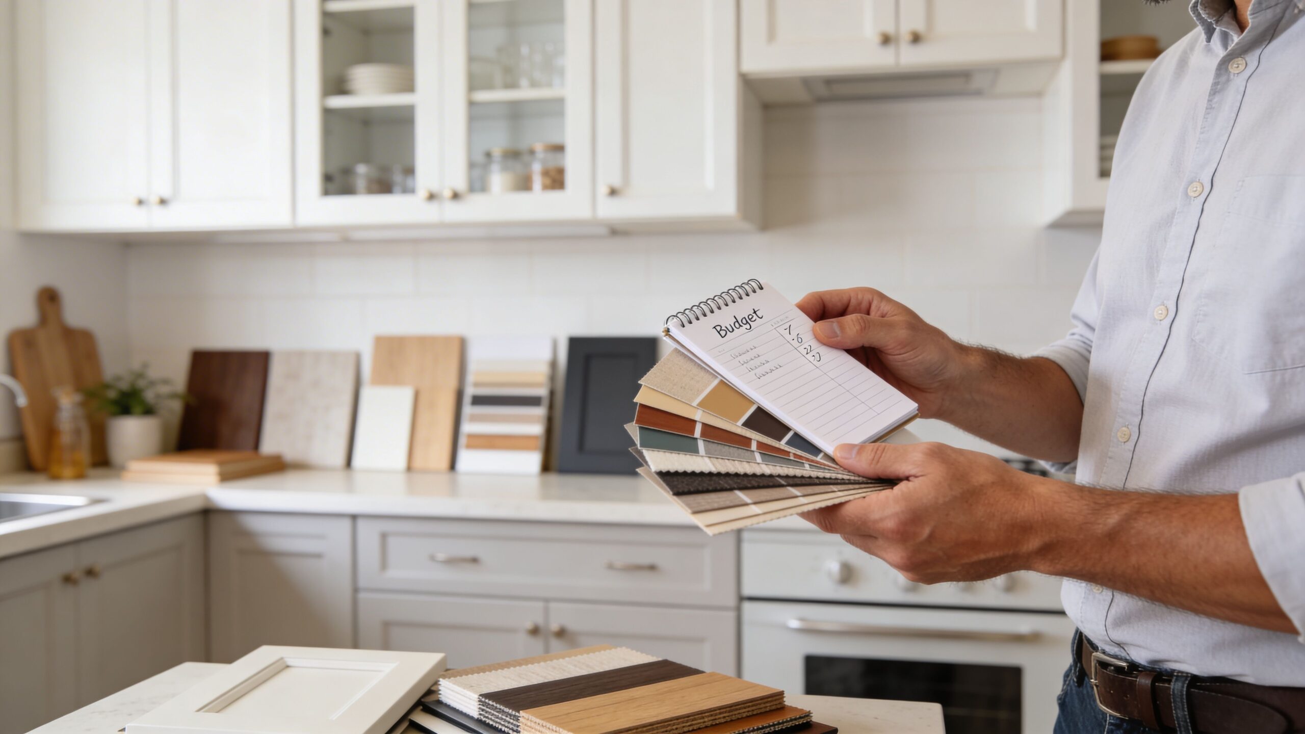 A person holding a notepad and color swatches in a kitchen while planning a cabinet refacing project.