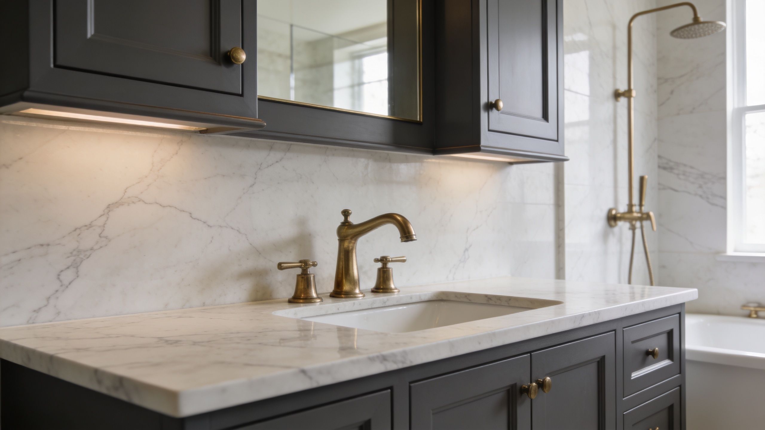 A luxurious bathroom featuring dark grey cabinets, a marble countertop, and elegant gold-toned fixtures and faucets.