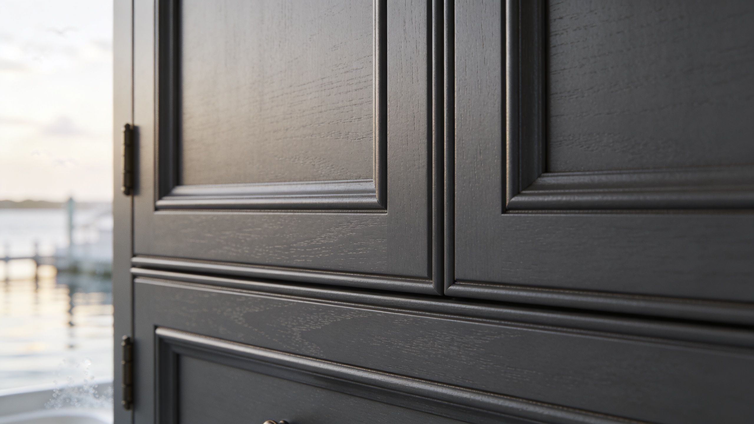 Close up view of elegant dark grey bathroom cabinets featuring intricate wood grain texture and beveled trim.