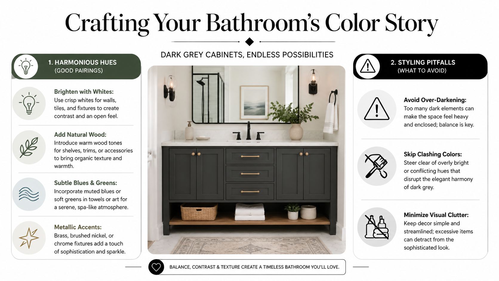 An infographic showing how to style dark grey bathroom cabinets with harmonious colors and common pitfalls.
