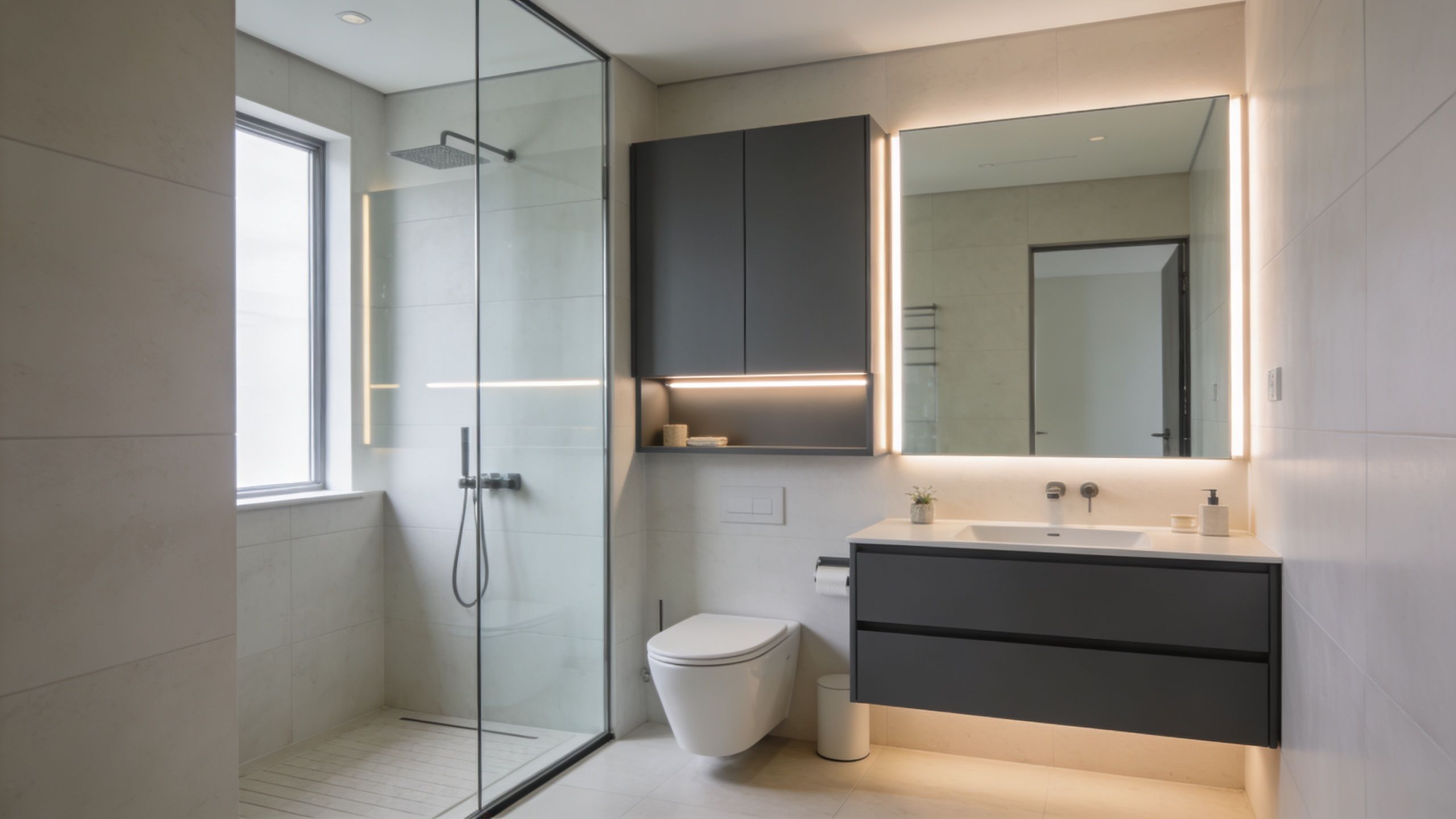 A modern minimalist bathroom featuring dark grey floating cabinets, a glass-enclosed shower, and sleek illuminated wall mirrors.