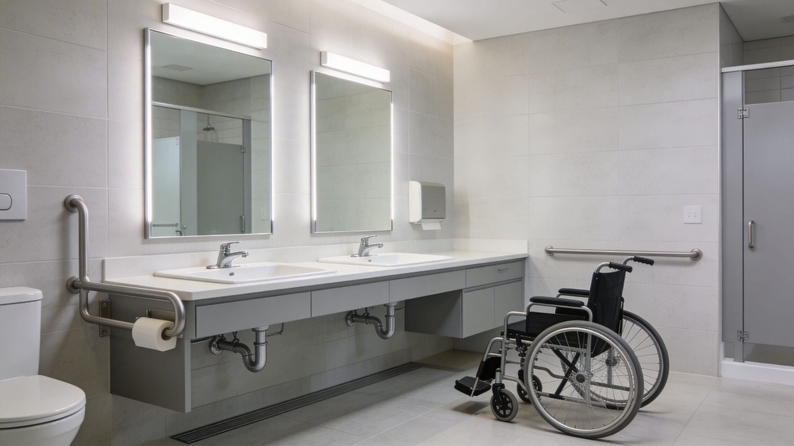 A wheelchair parked in front of a modern double vanity accessible bathroom with white tiles and mirrors.