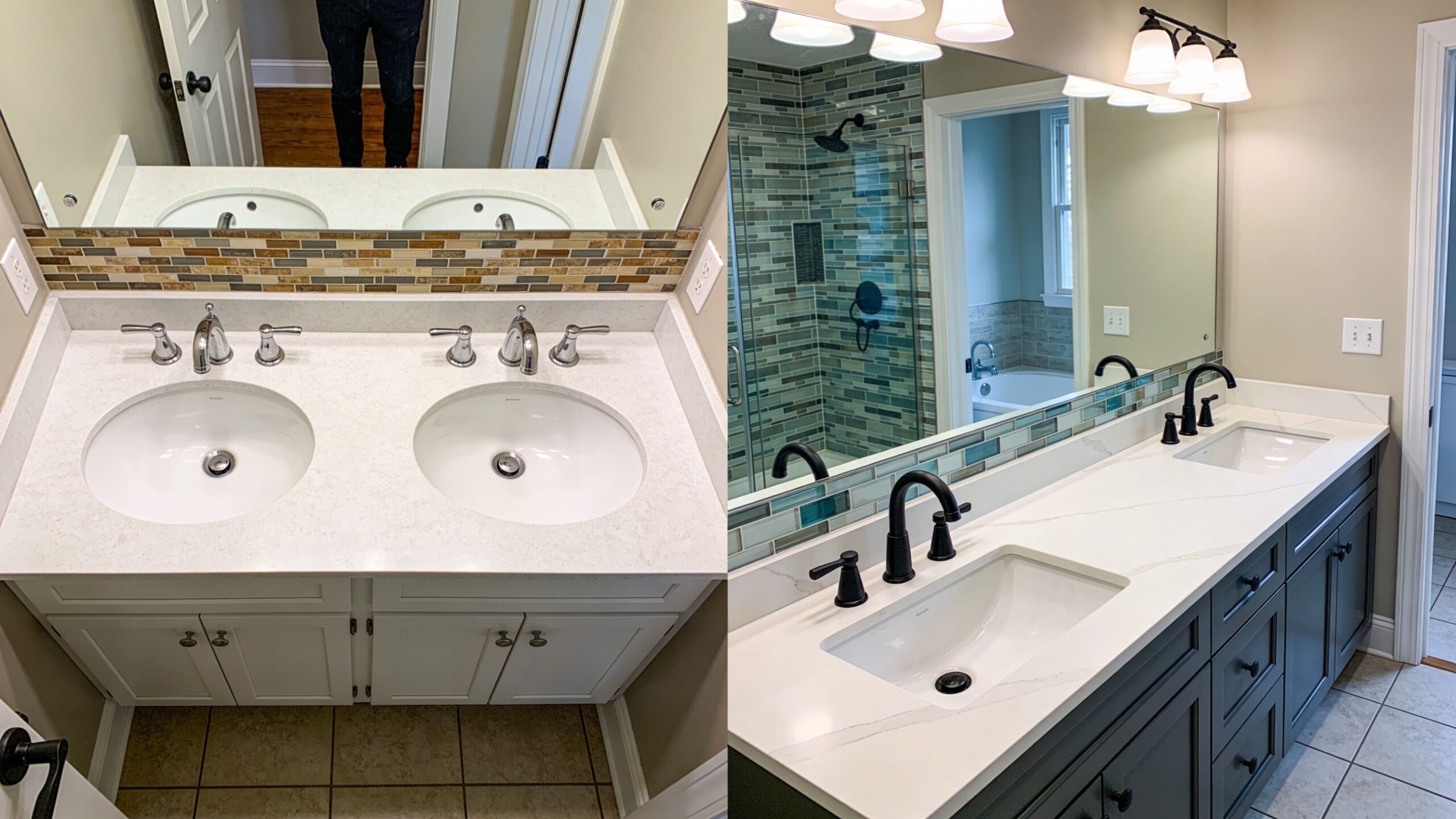 A split-screen comparison showing a bathroom double vanity before and after a renovation project.