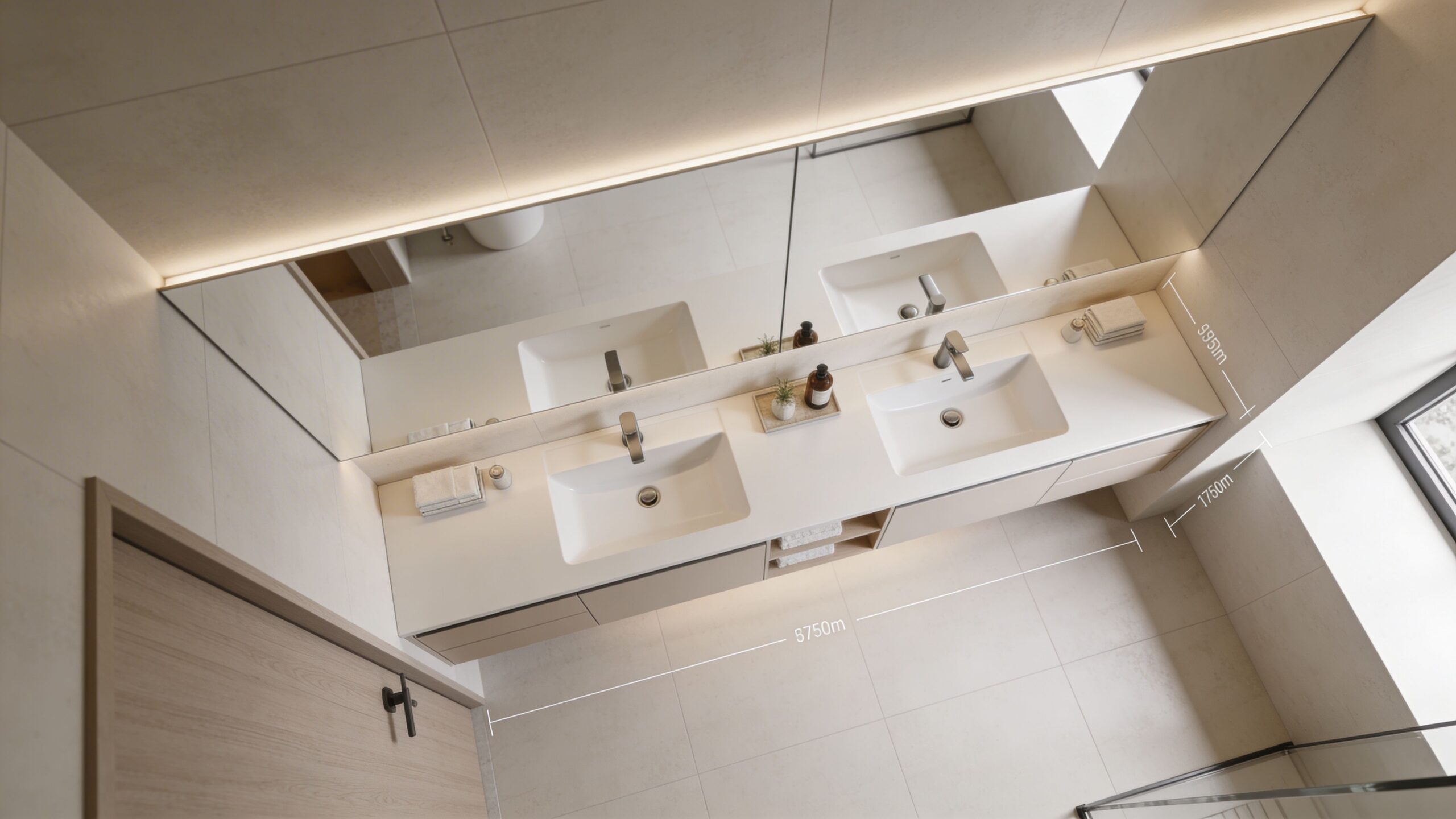 A top-down view of a modern bathroom double vanity with measurements against a white tiled wall.