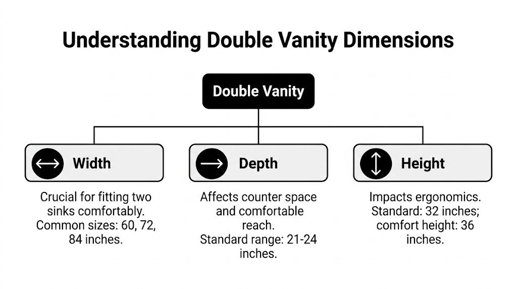 A diagram explaining standard double vanity dimensions including width, depth, and height for bathroom planning.