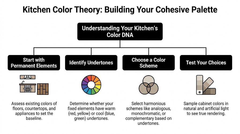 An infographic titled Kitchen Color Theory showing four essential steps to building a cohesive color palette.