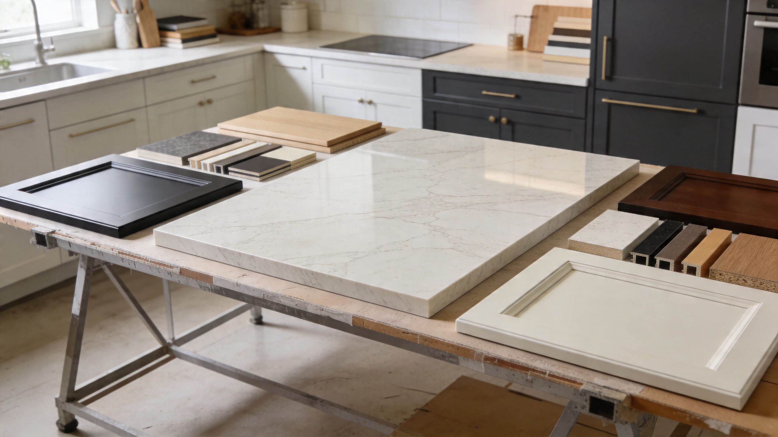 A workshop table showcasing various cabinet door samples, stone countertops, and color swatches for kitchen remodeling projects.