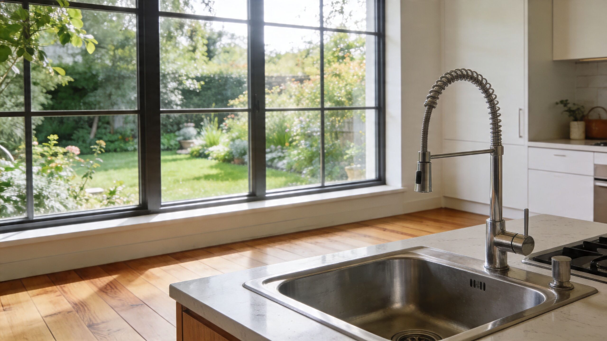 A modern kitchen sink with a metal faucet overlooking a lush green garden through large windows.