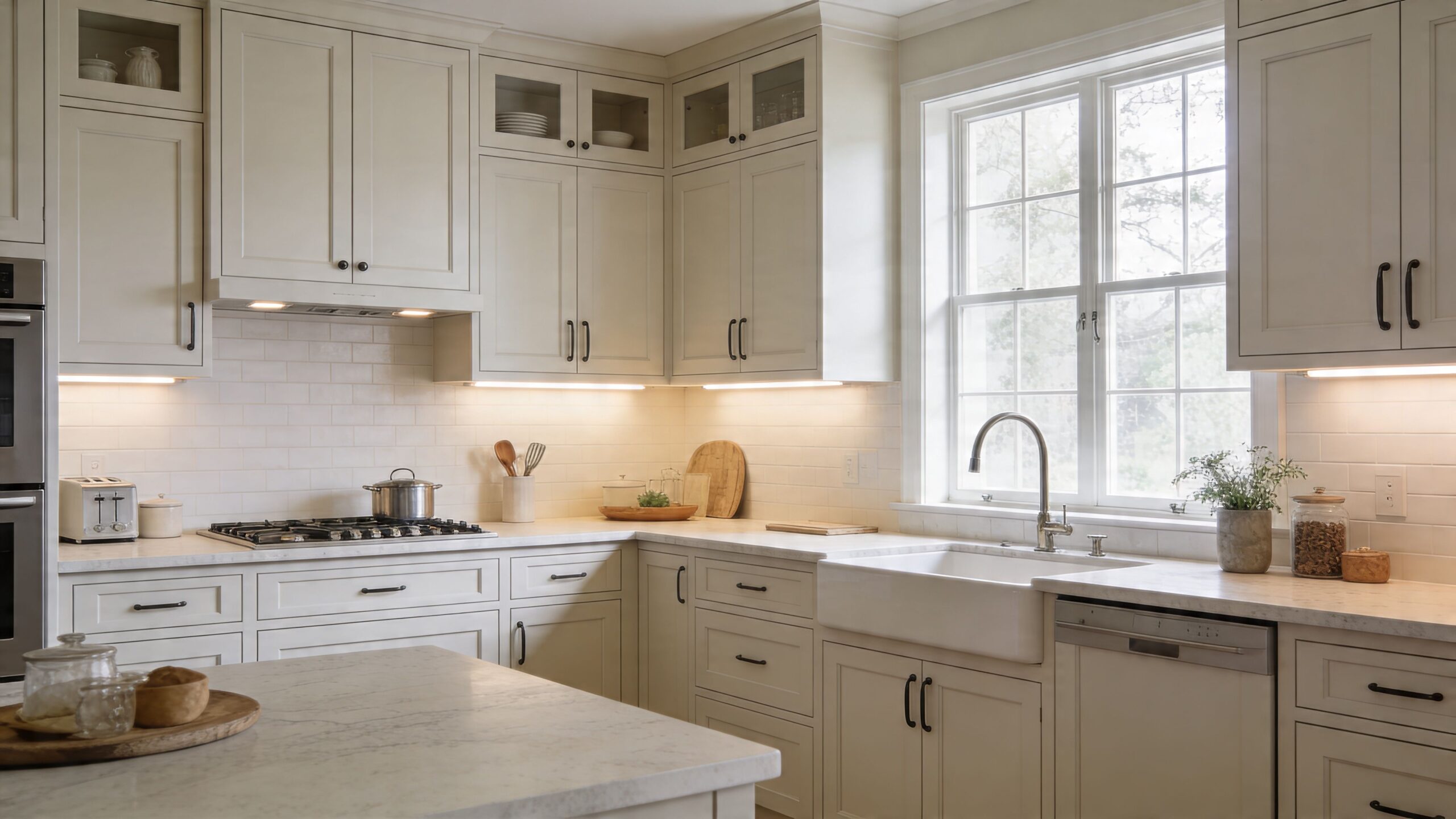 A bright, modern kitchen featuring cream-colored shaker cabinets, a marble countertop, and a farmhouse sink by a window.