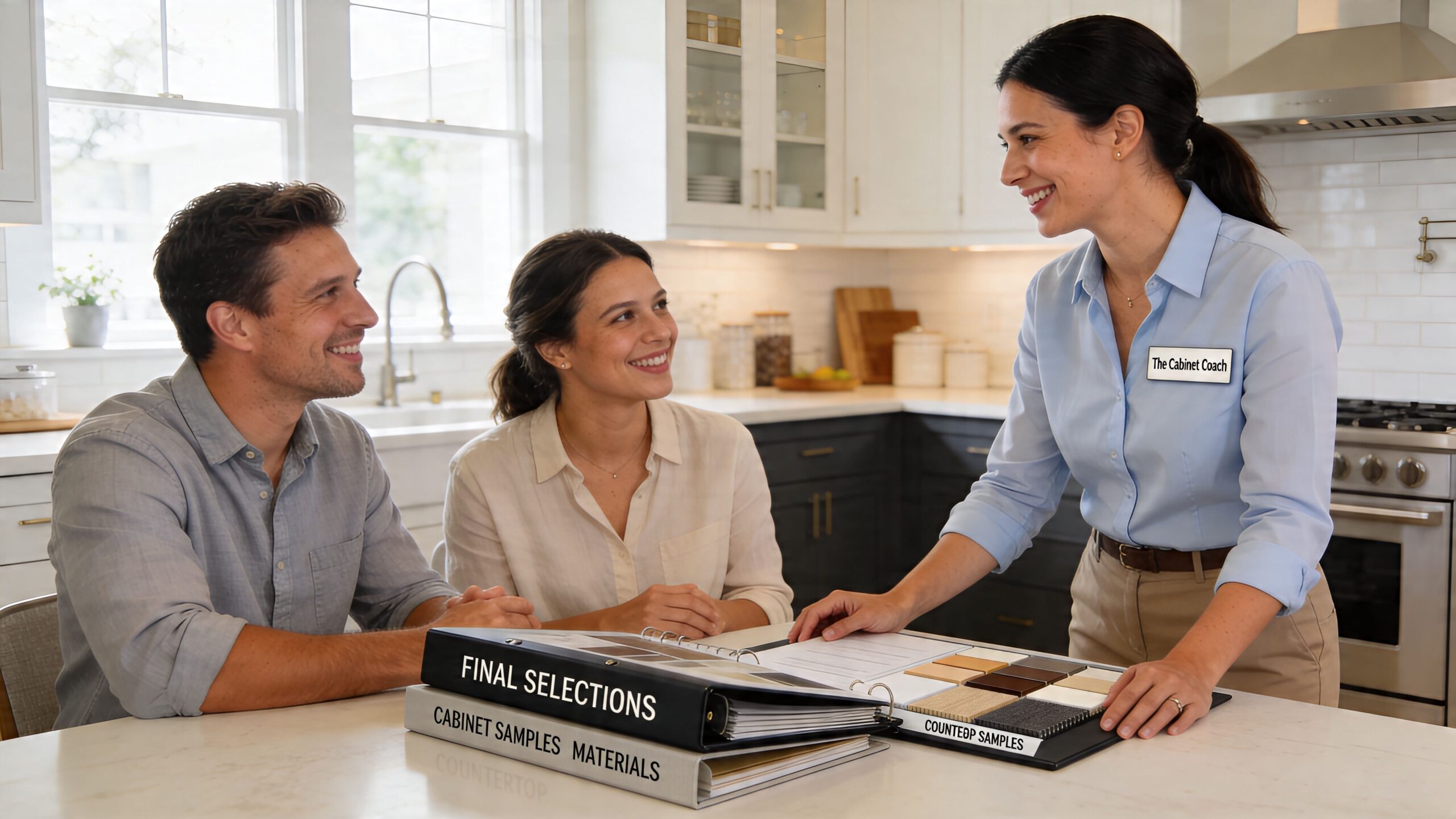 A professional cabinet coach discusses design choices with a couple while reviewing material samples in a kitchen.