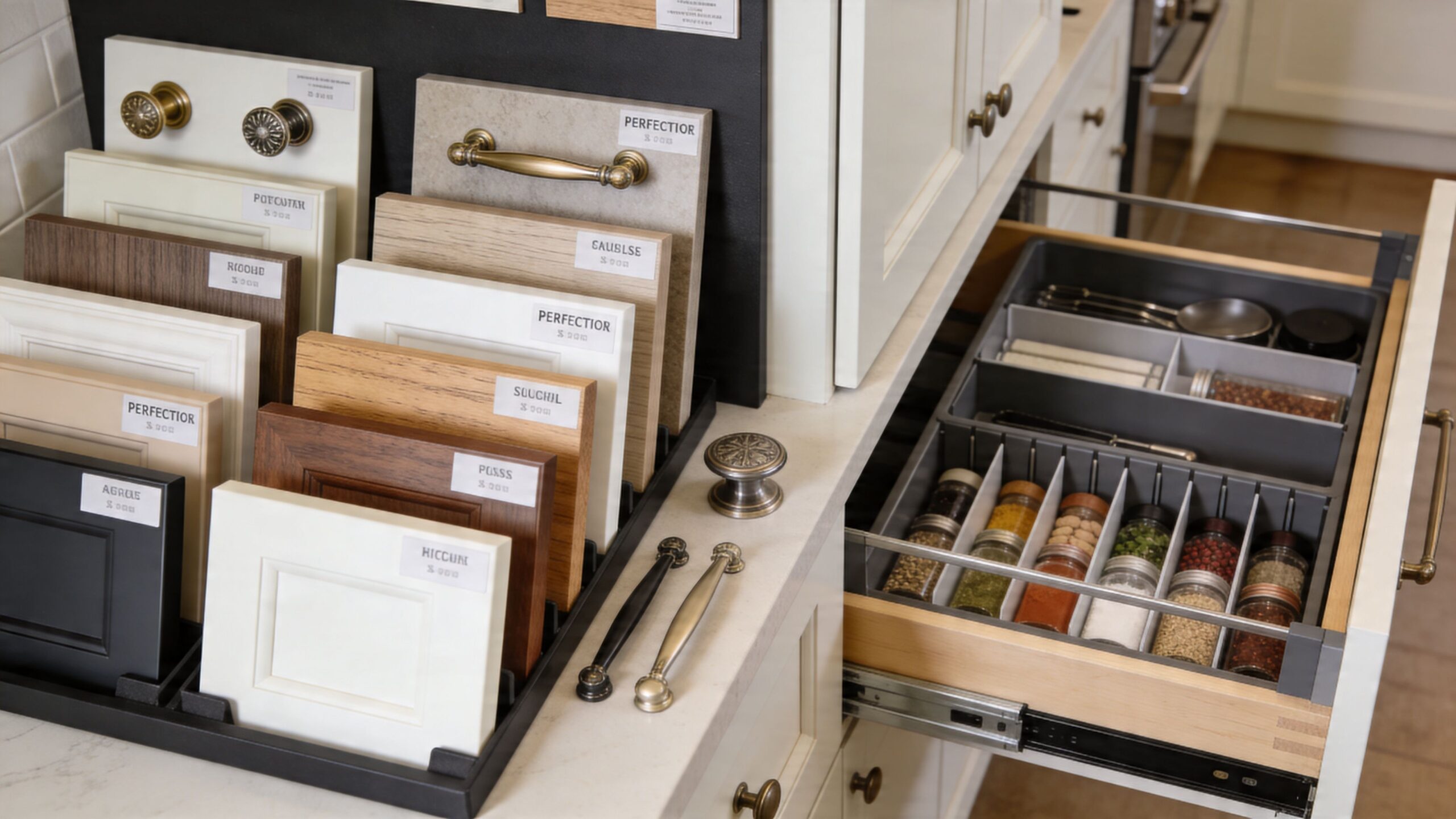 A display of kitchen cabinet door samples and a pull-out drawer organizer filled with spice jars.