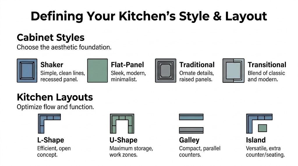 An infographic showing different kitchen cabinet styles and layout options for home design and renovation planning.
