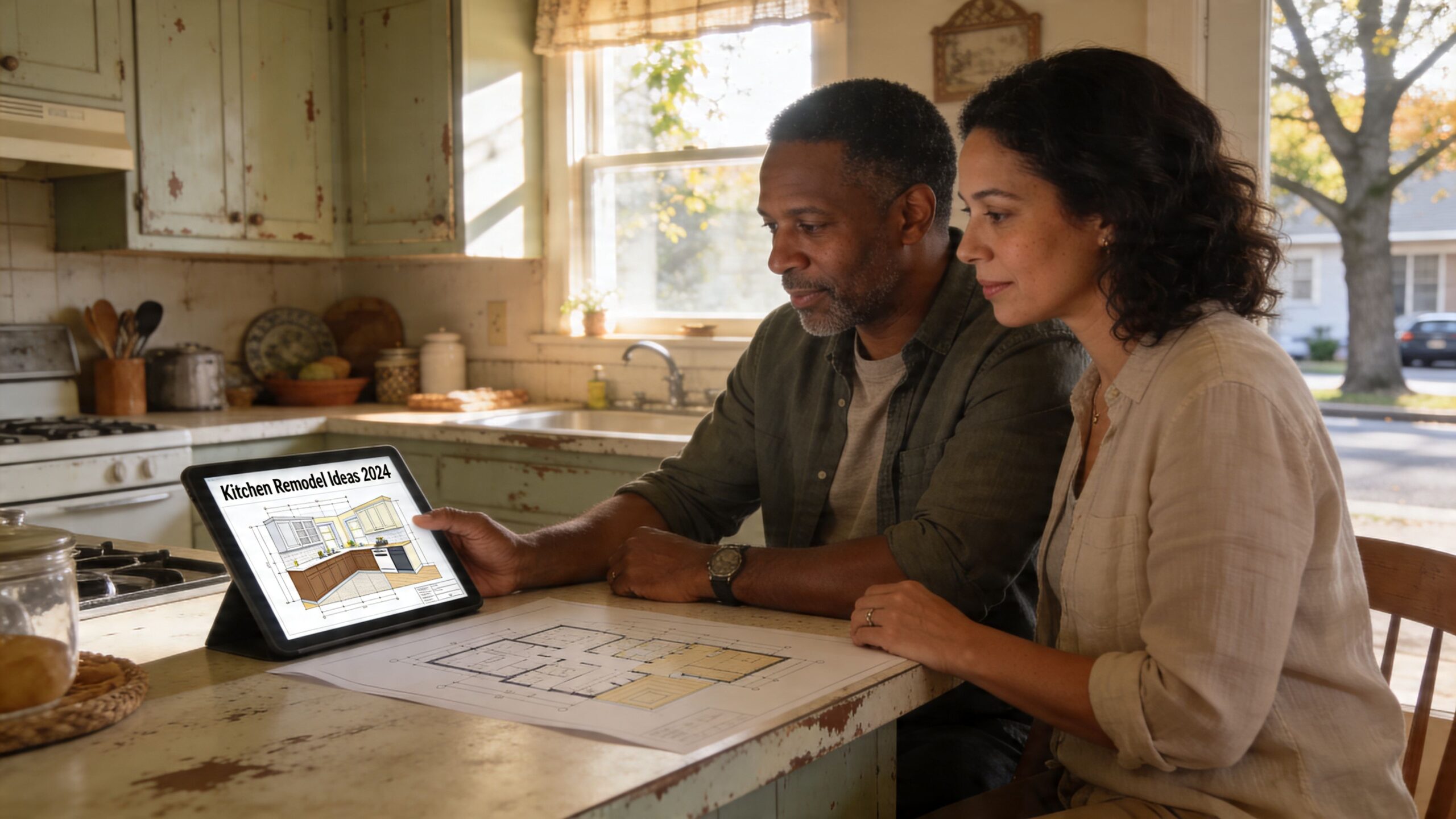 A middle-aged couple looks at kitchen design plans on a digital tablet and architectural blueprints together.