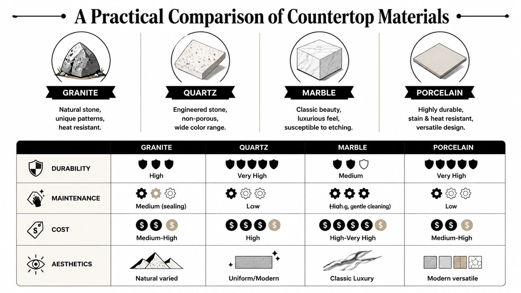 A comparison chart showing features, durability, maintenance, cost, and aesthetics for granite, quartz, marble, and porcelain countertops.