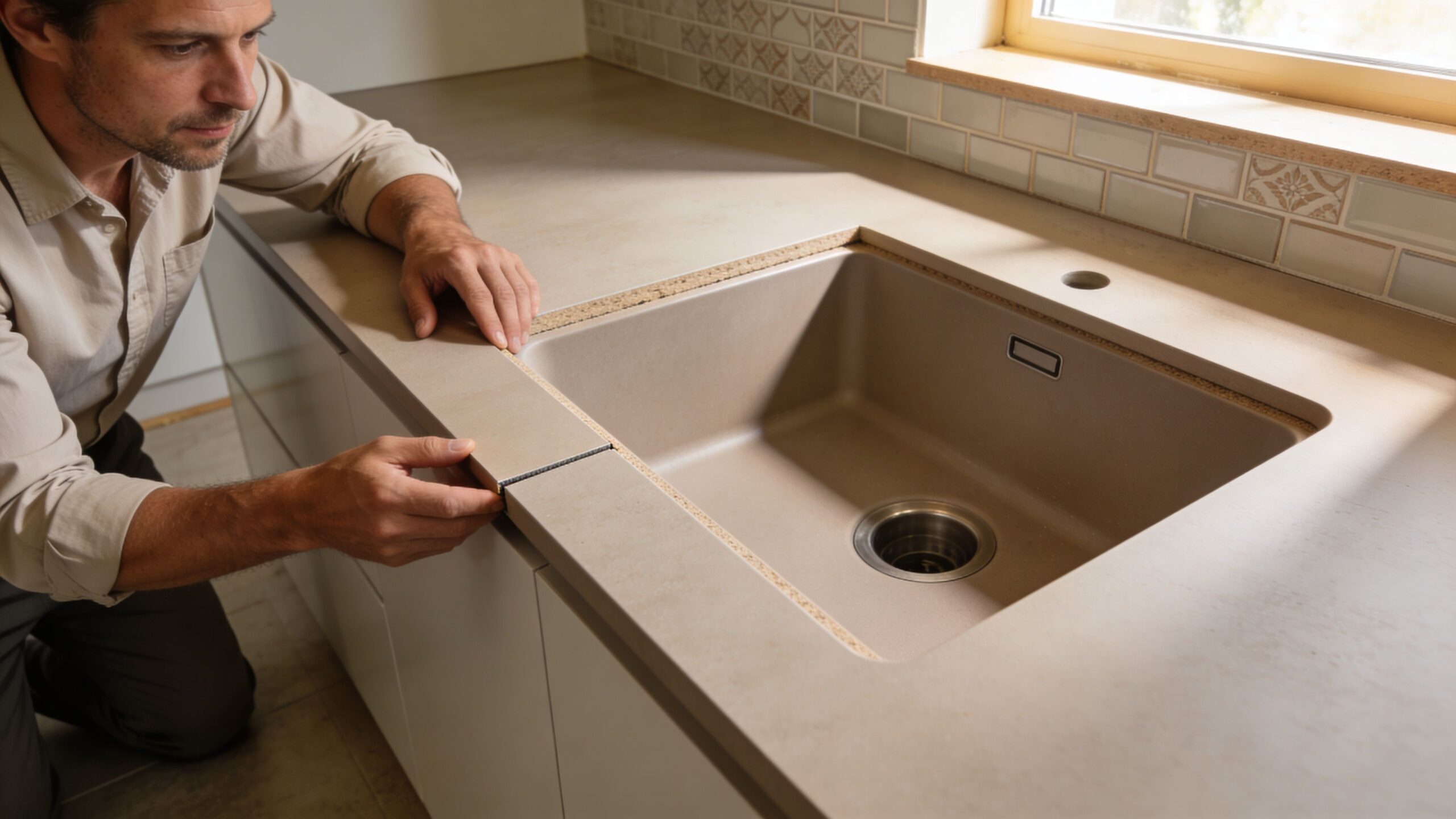 A professional kitchen installer carefully aligns a new countertop piece next to an integrated beige kitchen sink.