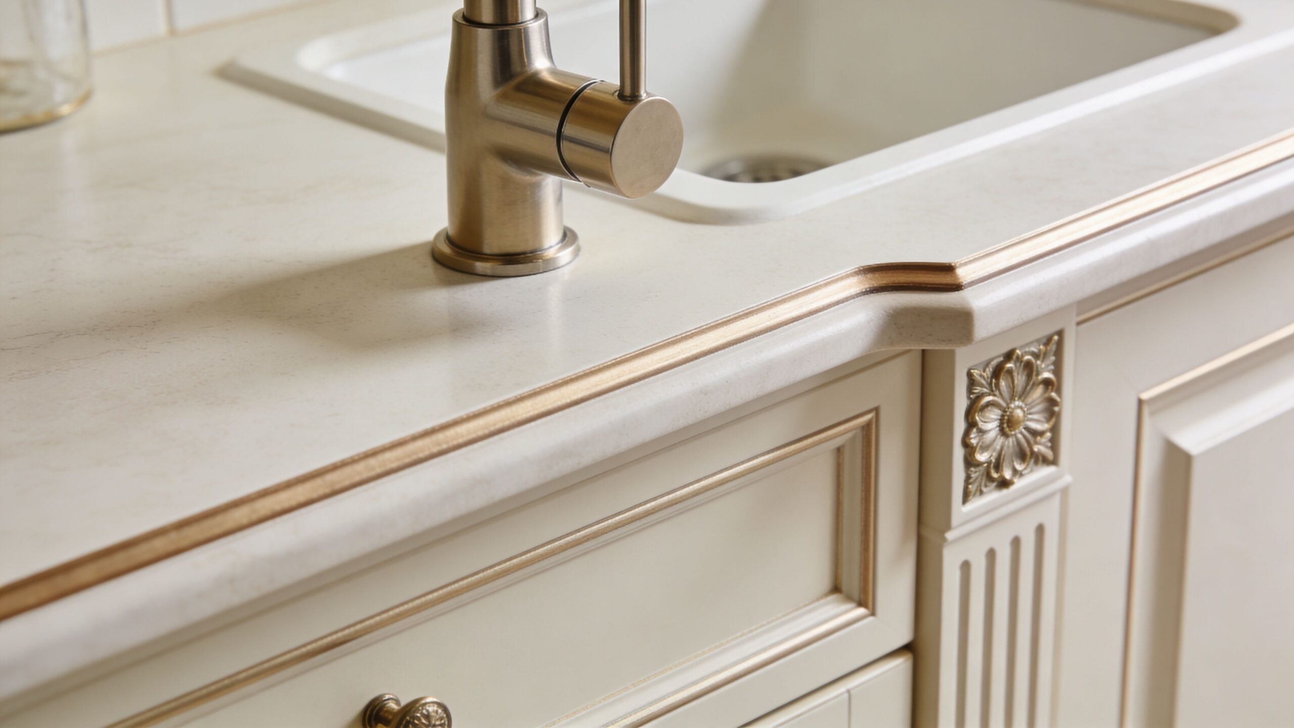 A luxurious cream-colored kitchen countertop with ornate gold trim detail and a stylish metallic faucet.
