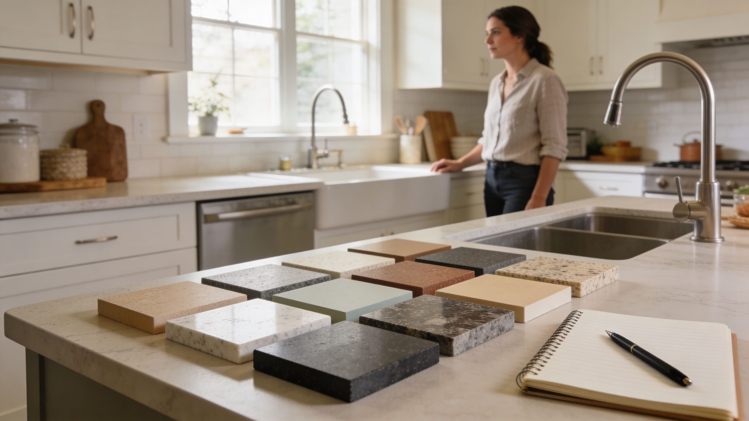 A woman selecting kitchen countertop material samples arranged on a kitchen island with a notepad and pen.