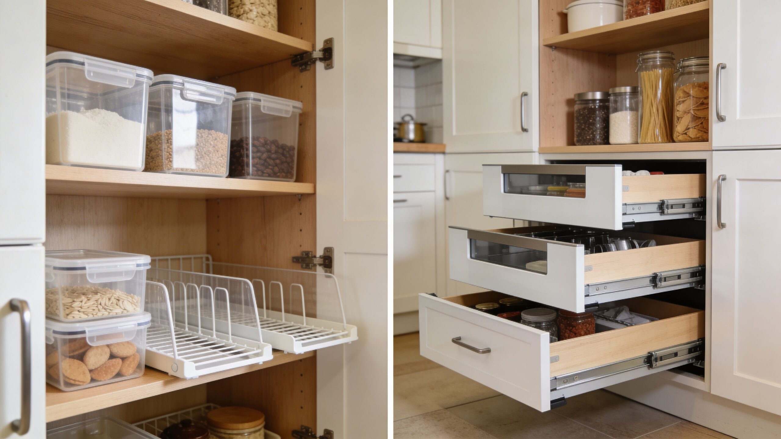 A split view showing organized deep kitchen cabinet storage with pull-out drawers and clear plastic containers.