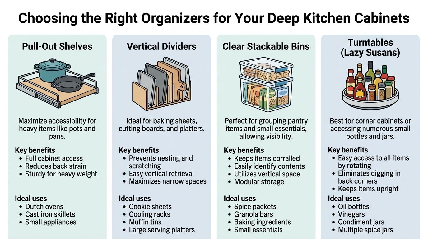 An infographic showing four effective ways to organize deep kitchen cabinets using shelves, dividers, bins, and turntables.