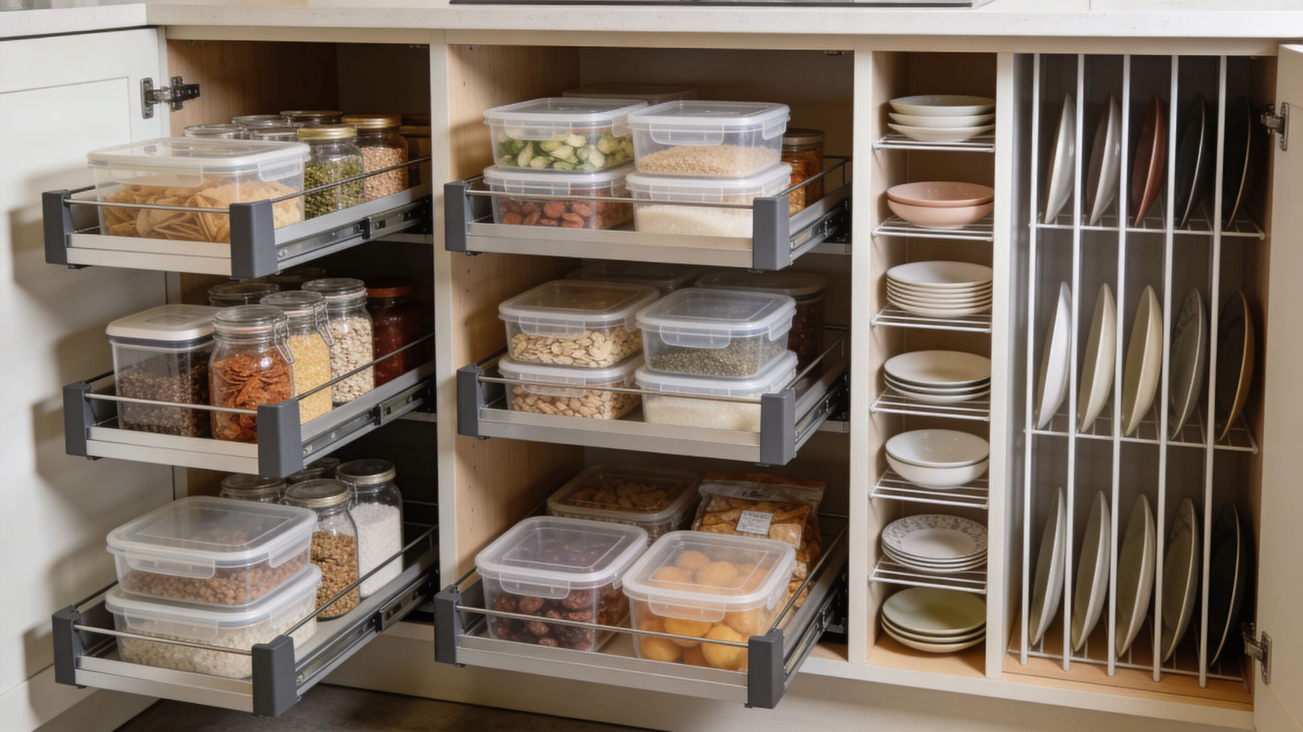 A pull-out kitchen pantry cabinet neatly organized with transparent storage containers, glass jars, and vertical plate racks.